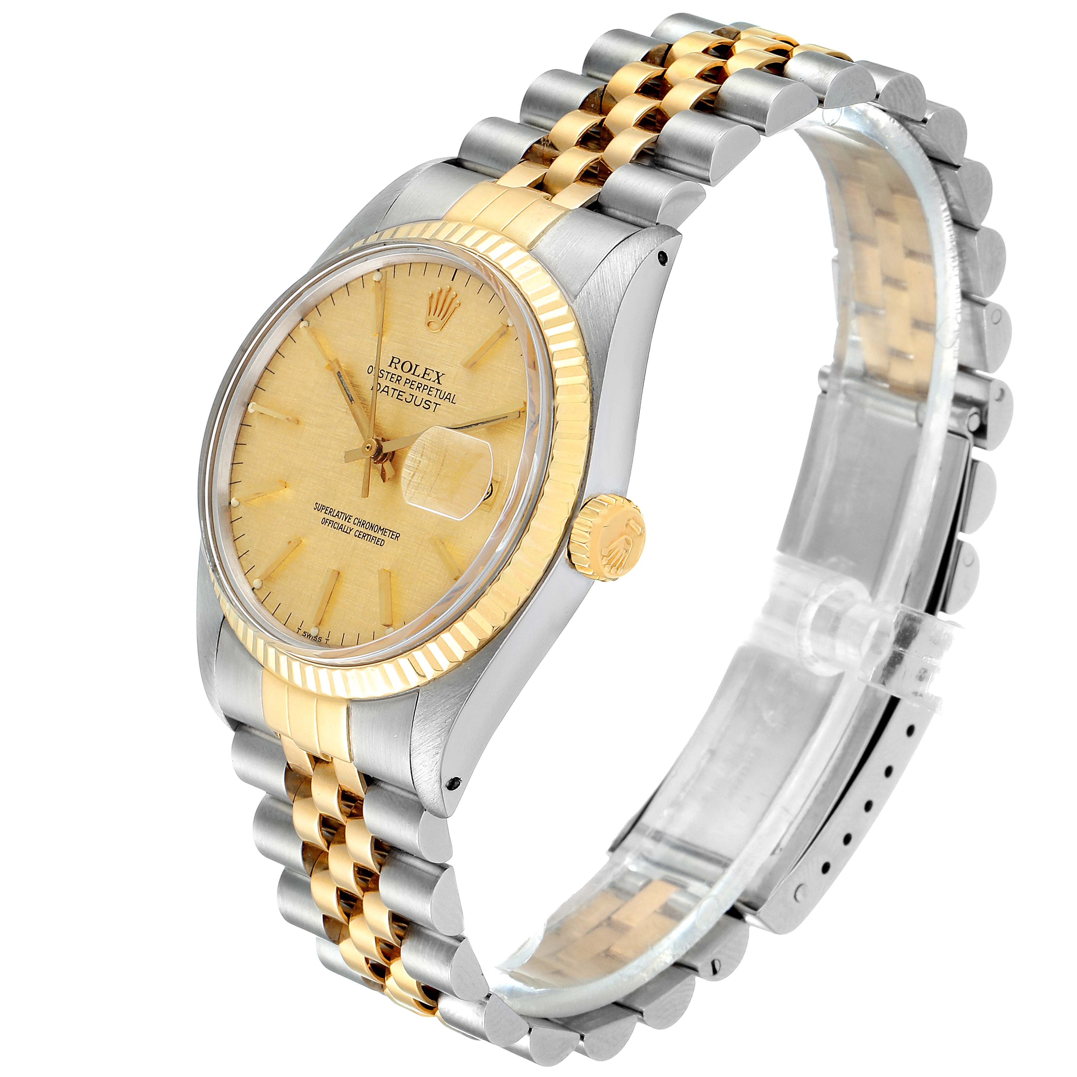 The Rolex Vintage Collection 16013 Men
s Steel and Gold (two tone) Champagne Dial 16013 Men
s Steel and Gold (two tone) Champagne Dial watch is shown at an angled side view, highlighting its face, crown, and two-tone bracelet.