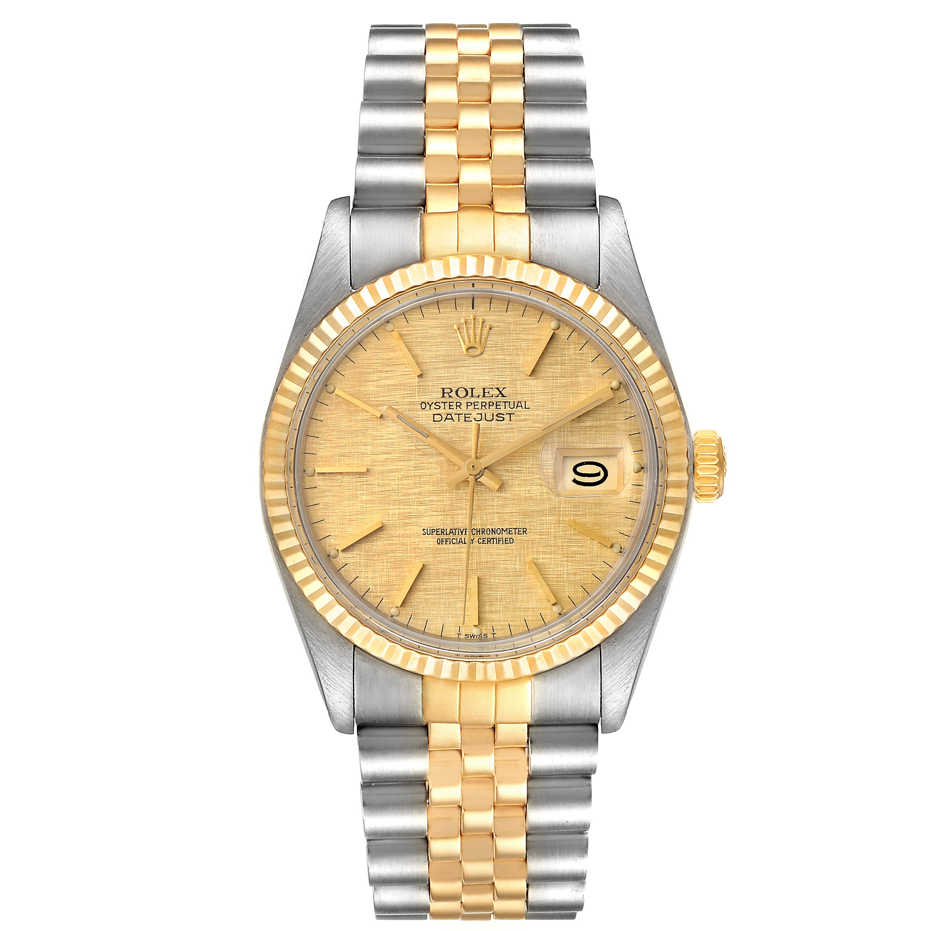 This image shows a Rolex Vintage Collection 16013 Men
s Steel and Gold (two tone) Champagne Dial 16013 Men
s Steel and Gold (two tone) Champagne Dial watch model, featuring a gold and silver bracelet, fluted bezel, and date display at the 3 o
clock position.