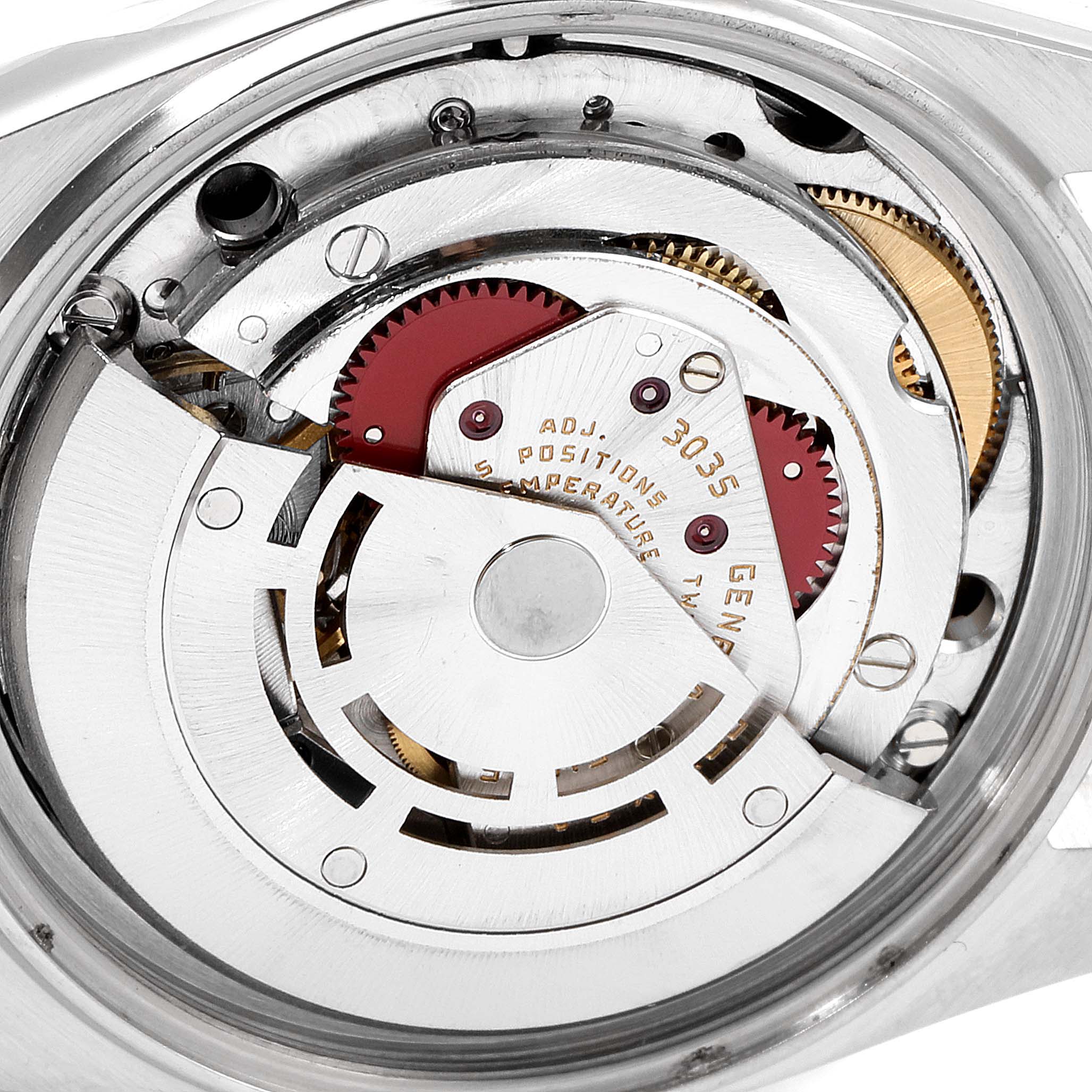 This image shows the internal mechanical movement of the Rolex Datejust 16013 Men's Steel and Gold (two tone) Champagne Dial 16013 Men's Steel and Gold (two tone) Champagne Dial watch from a top-down angle.