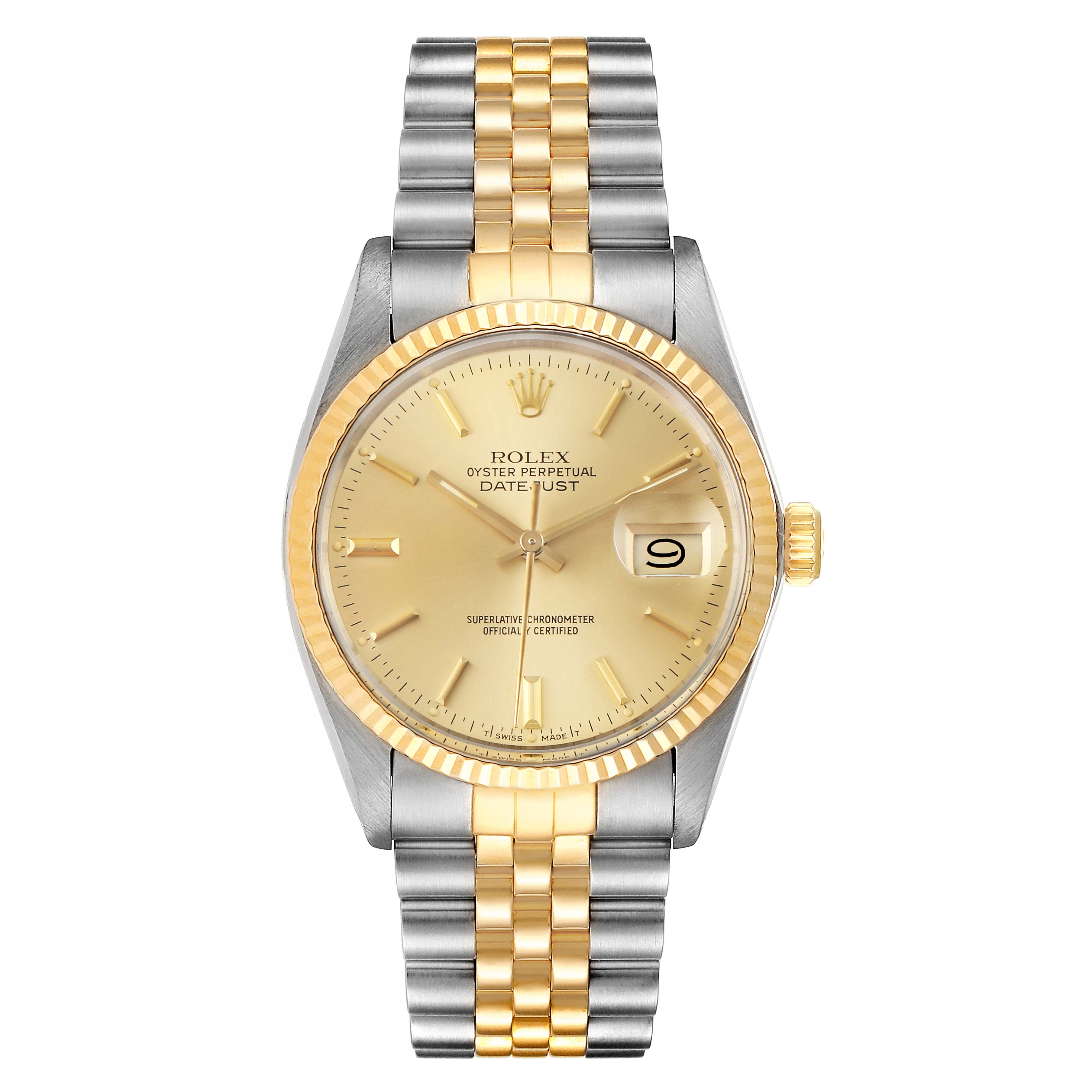 The image shows a front view of a Rolex Datejust 16013 Men's Steel and Gold (two tone) Champagne Dial 16013 Men's Steel and Gold (two tone) Champagne Dial watch, highlighting its bezel, dial, bracelet, and date window.