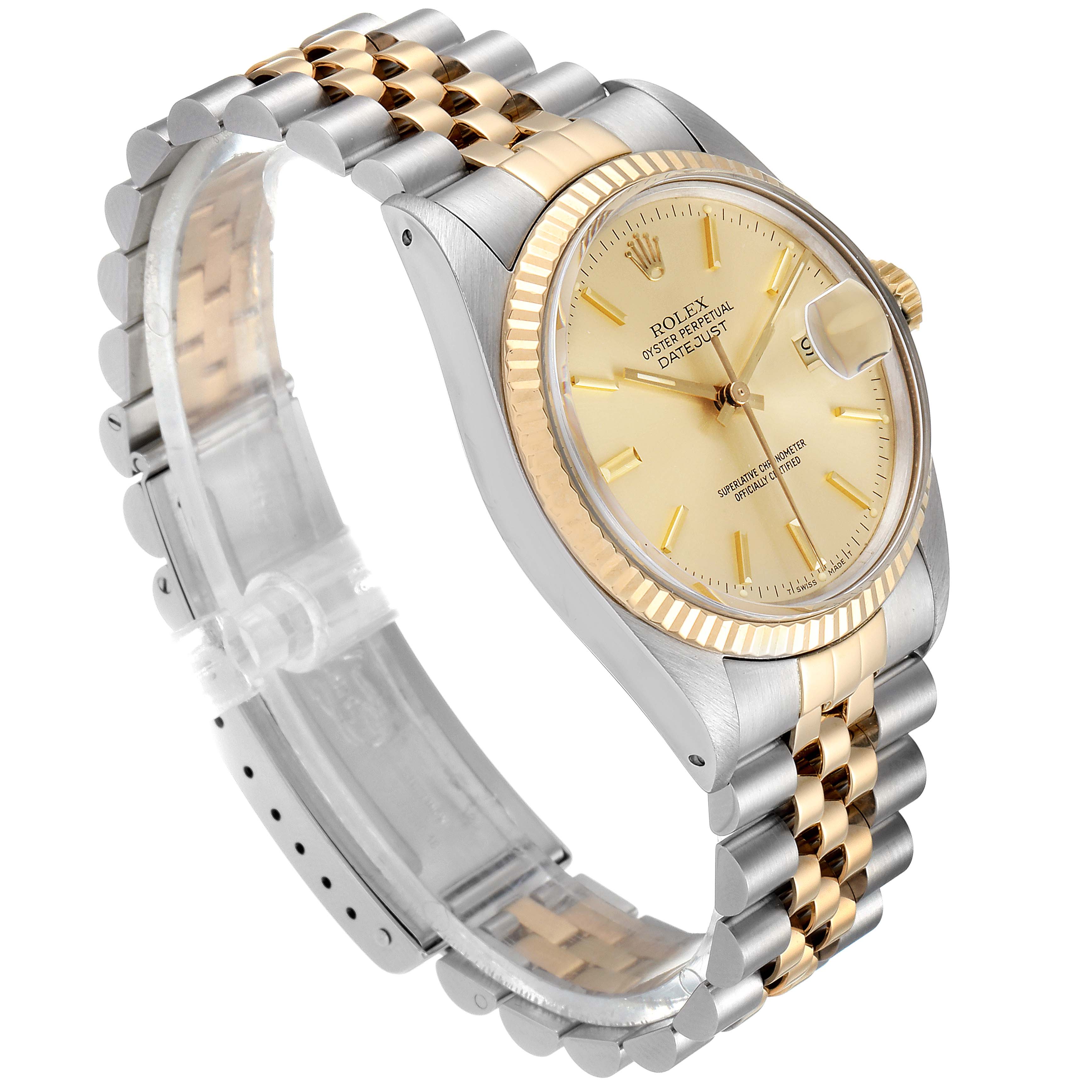 The Rolex Datejust 16013 Men's Steel and Gold (two tone) Champagne Dial 16013 Men's Steel and Gold (two tone) Champagne Dial watch is shown from a front-side angle, visibly displaying its two-tone bracelet, dial, fluted bezel, and crown.