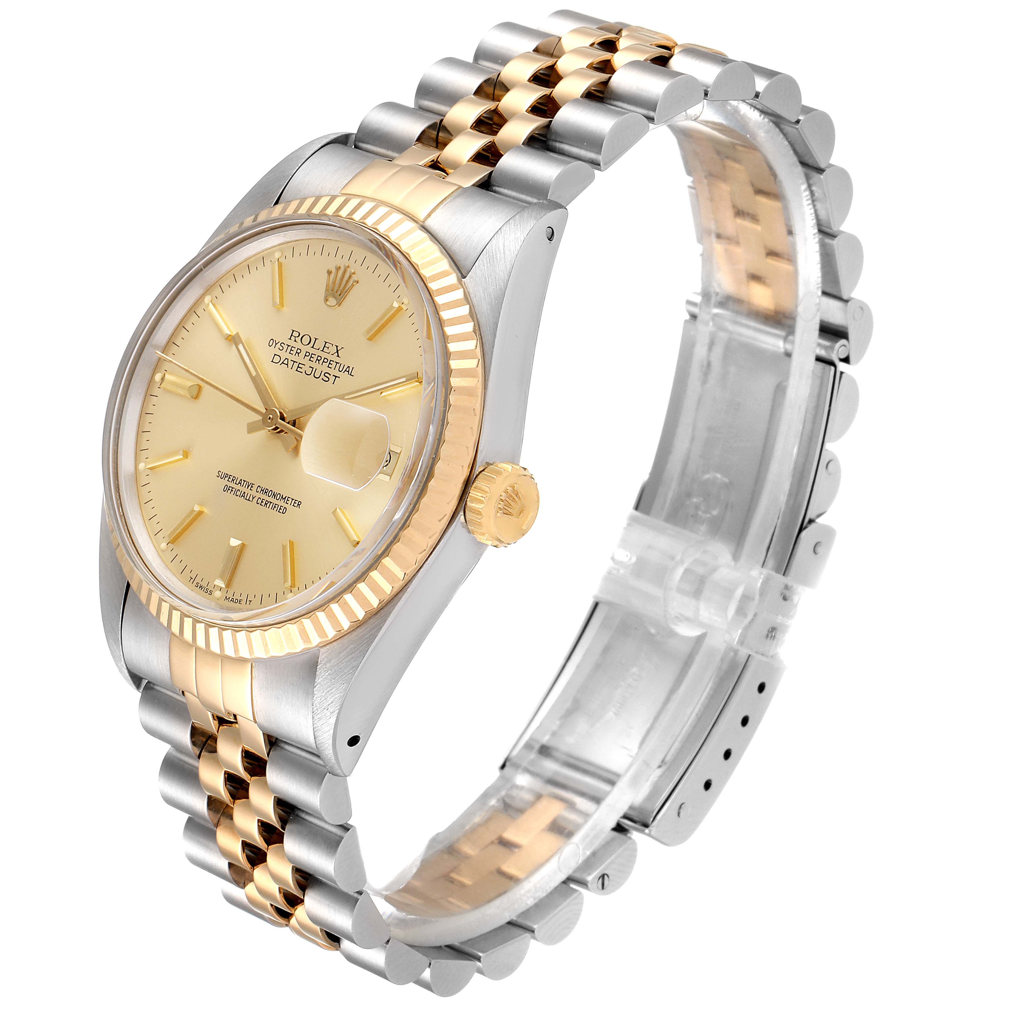The Rolex Datejust 16013 Men's Steel and Gold (two tone) Champagne Dial 16013 Men's Steel and Gold (two tone) Champagne Dial watch is shown at an angle, highlighting its face, bezel, crown, and two-tone bracelet.