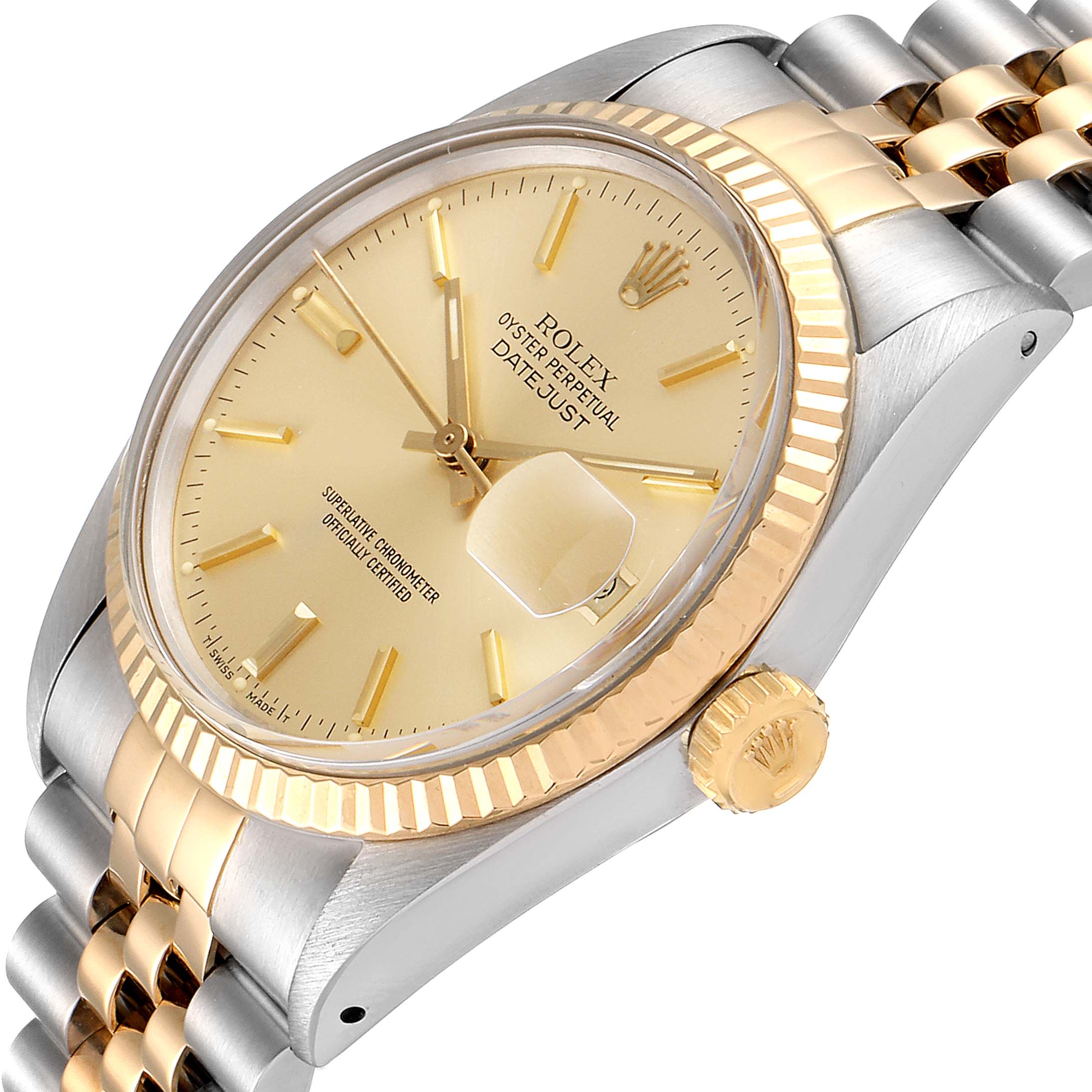 This image shows a close-up, angled view of the Rolex Datejust 16013 Men's Steel and Gold (two tone) Champagne Dial 16013 Men's Steel and Gold (two tone) Champagne Dial watch featuring the face, crown, and part of the bracelet.