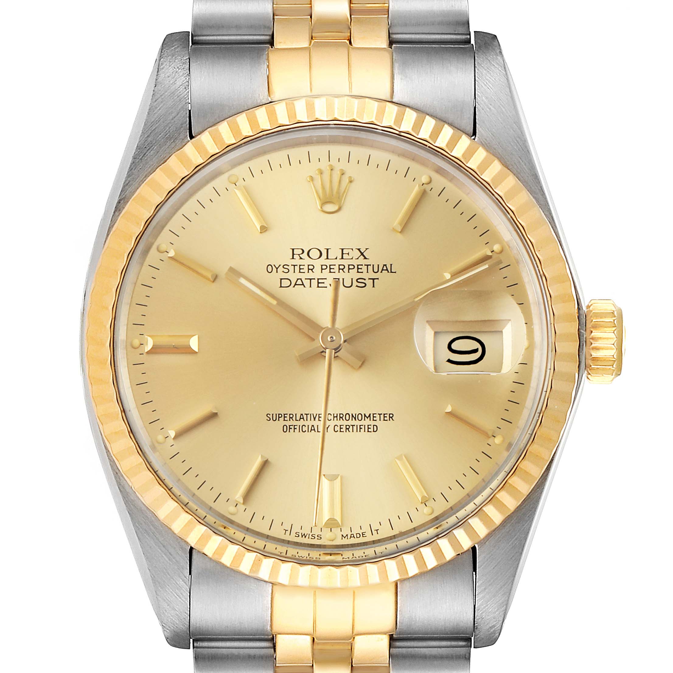 This image shows a front view of the Rolex Datejust 16013 Men's Steel and Gold (two tone) Champagne Dial 16013 Men's Steel and Gold (two tone) Champagne Dial watch, highlighting its dial, bezel, hands, and part of the two-tone bracelet.