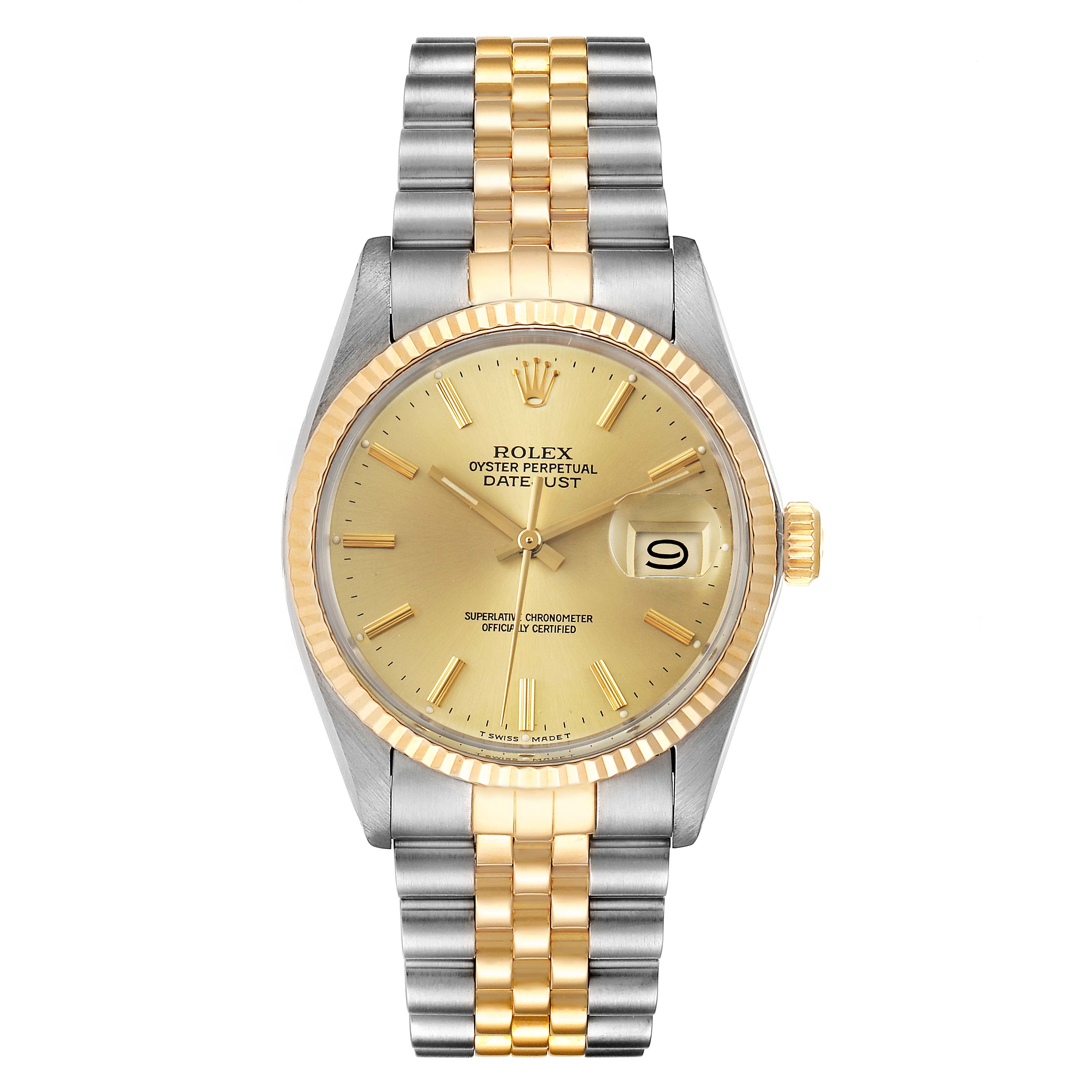 The image shows a front view of the Rolex Vintage Collection 16013 Men's Steel and Gold (two tone) Champagne Dial 16013 Men's Steel and Gold (two tone) Champagne Dial model, highlighting the gold and silver bracelet, dial, and date display.