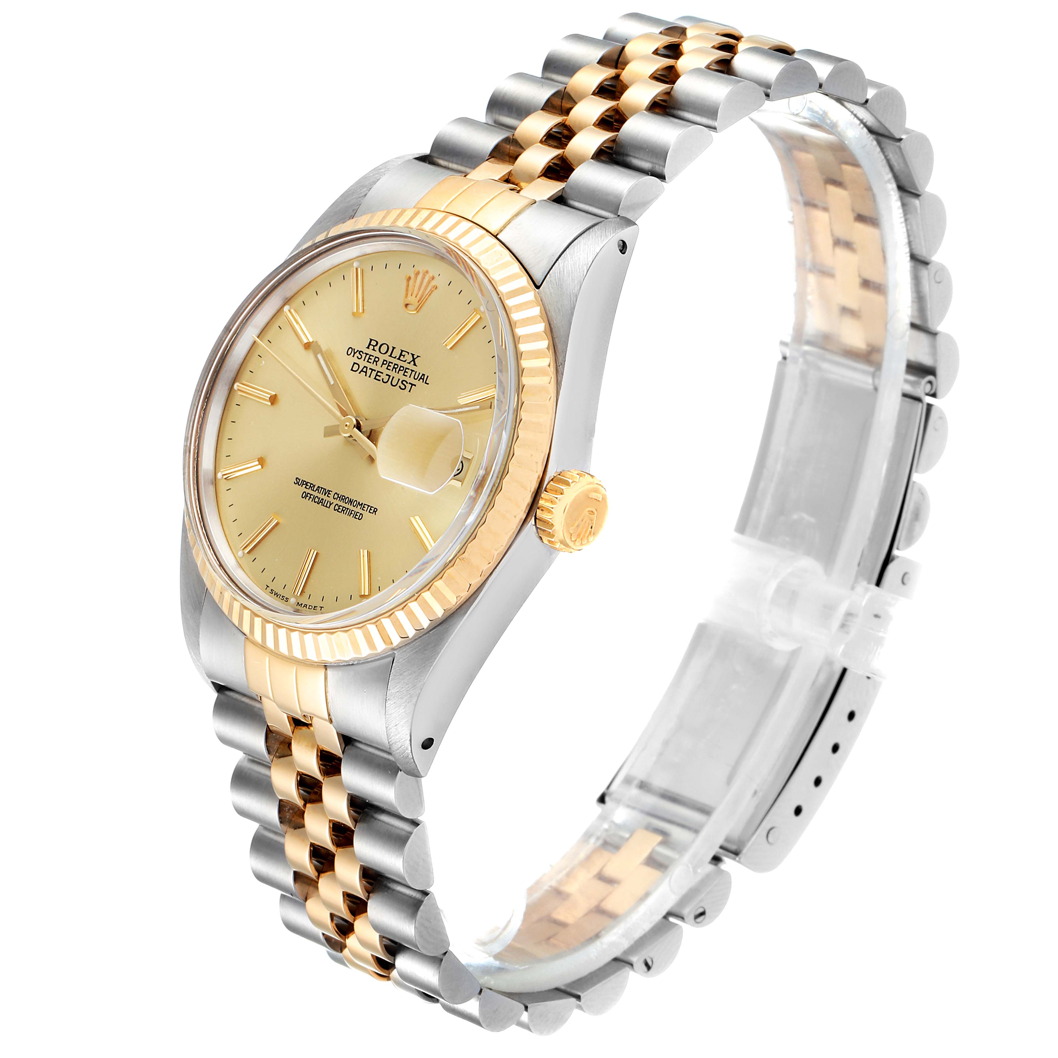 The image shows a side view of the Rolex Vintage Collection 16013 Men's Steel and Gold (two tone) Champagne Dial 16013 Men's Steel and Gold (two tone) Champagne Dial watch, highlighting its gold dial, bezel, and two-tone bracelet.