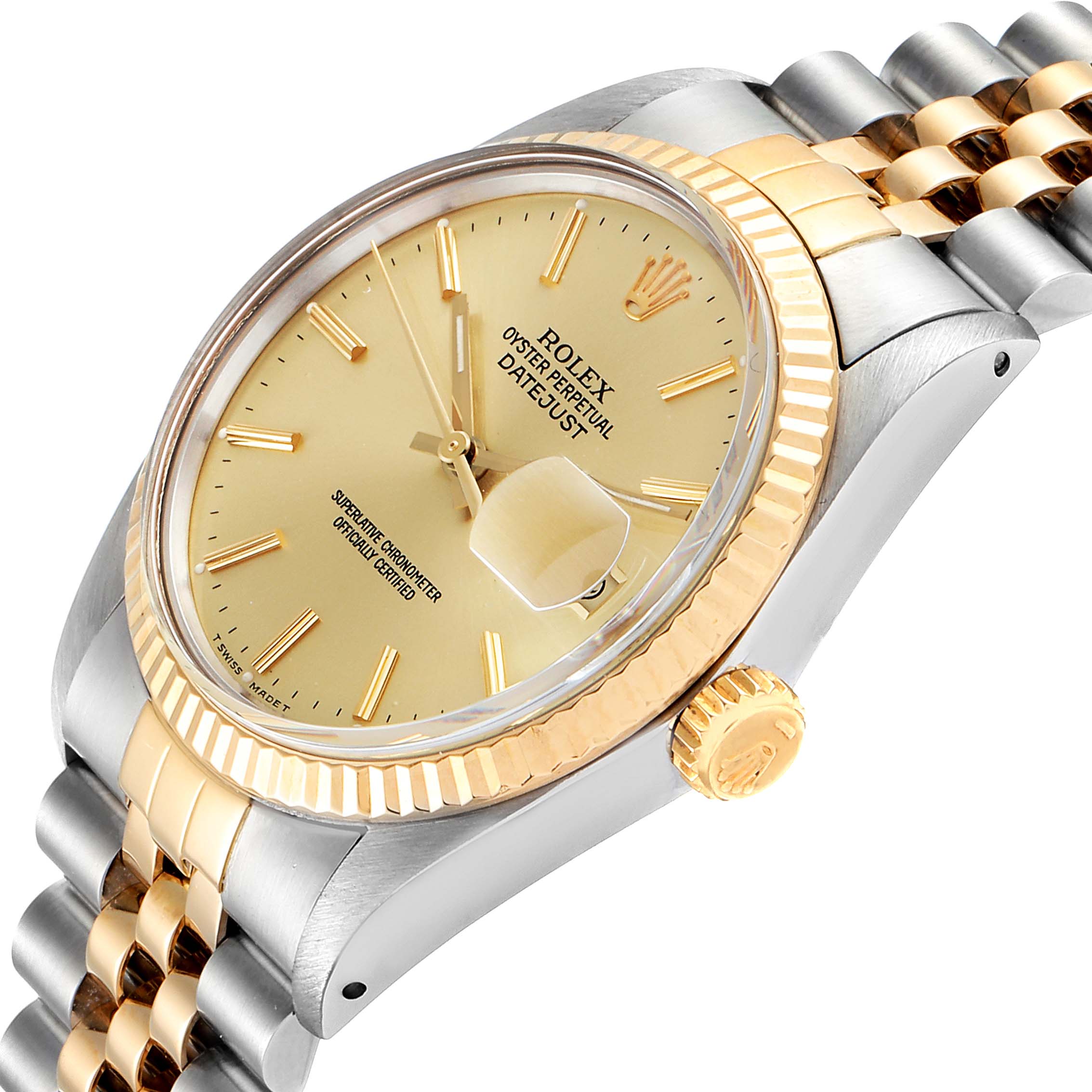 The Rolex Vintage Collection 16013 Men's Steel and Gold (two tone) Champagne Dial 16013 Men's Steel and Gold (two tone) Champagne Dial Datejust is shown at a three-quarter angle, highlighting the dial, bezel, crown, and bracelet.