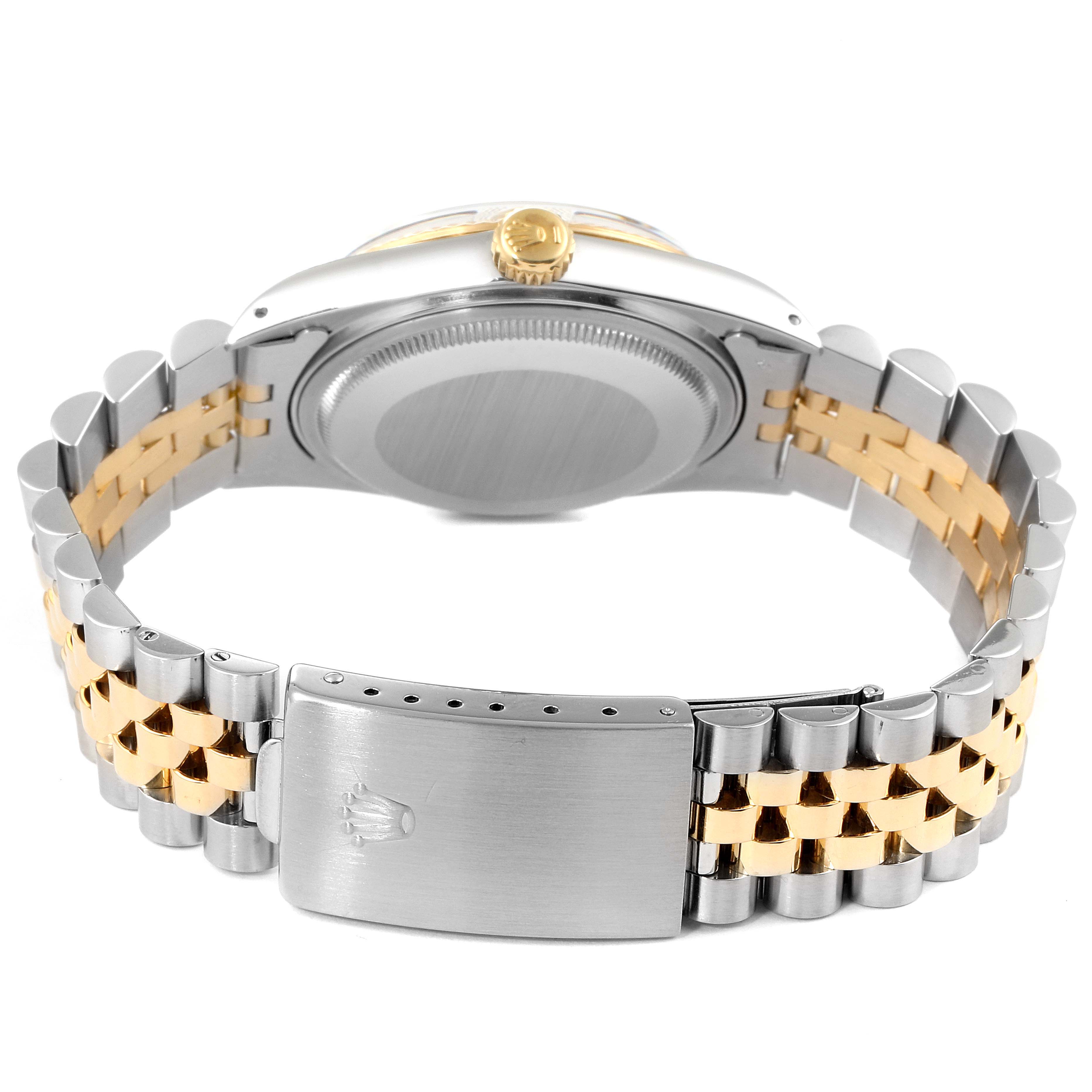 The image shows the back and bracelet of the Rolex Vintage Collection 16013 Men's Steel and Gold (two tone) Champagne Dial 16013 Men's Steel and Gold (two tone) Champagne Dial watch, highlighting the two-tone link design and clasp.