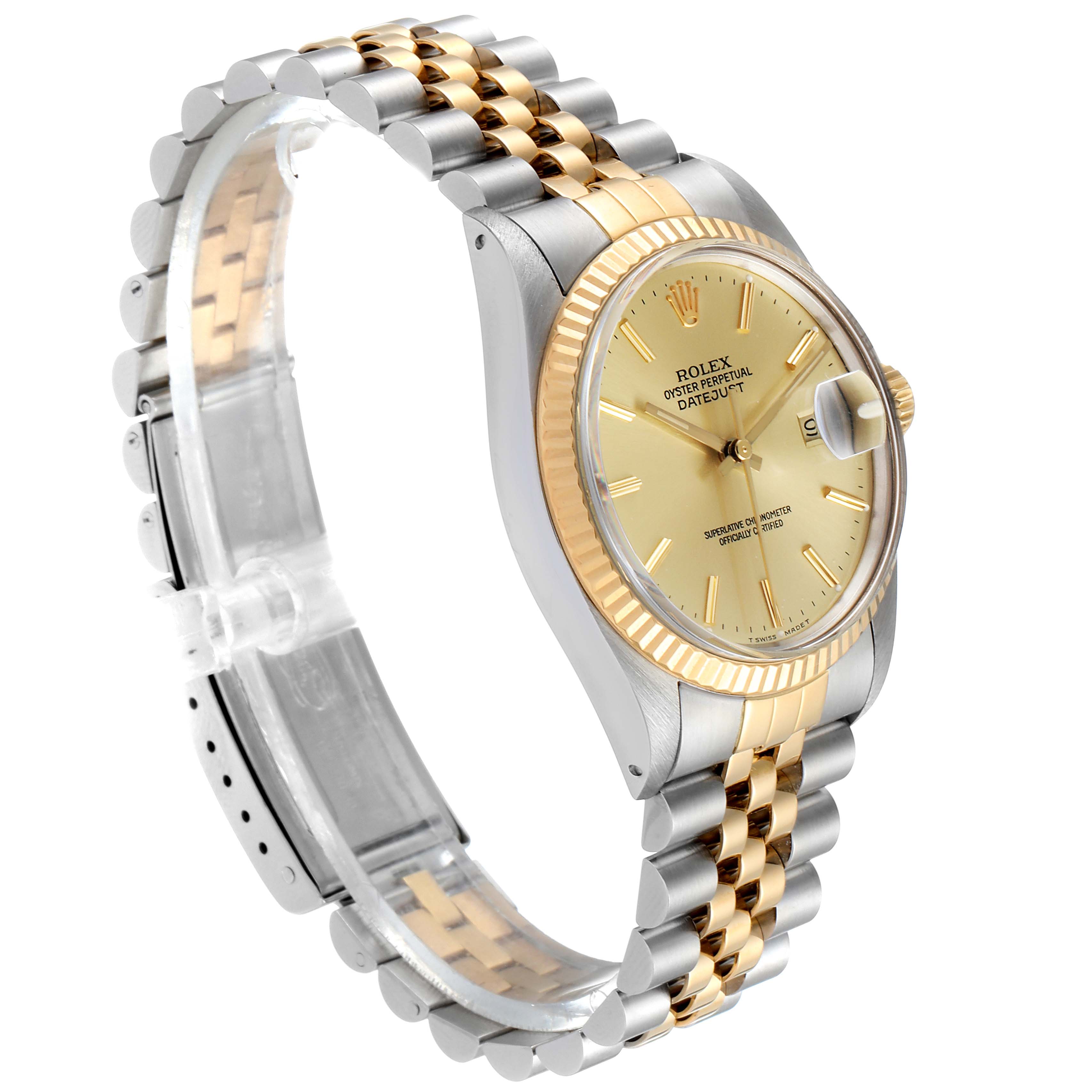 The image shows a side angle of the Rolex Vintage Collection 16013 Men's Steel and Gold (two tone) Champagne Dial 16013 Men's Steel and Gold (two tone) Champagne Dial watch, highlighting its gold and silver strap, bezel, and face.