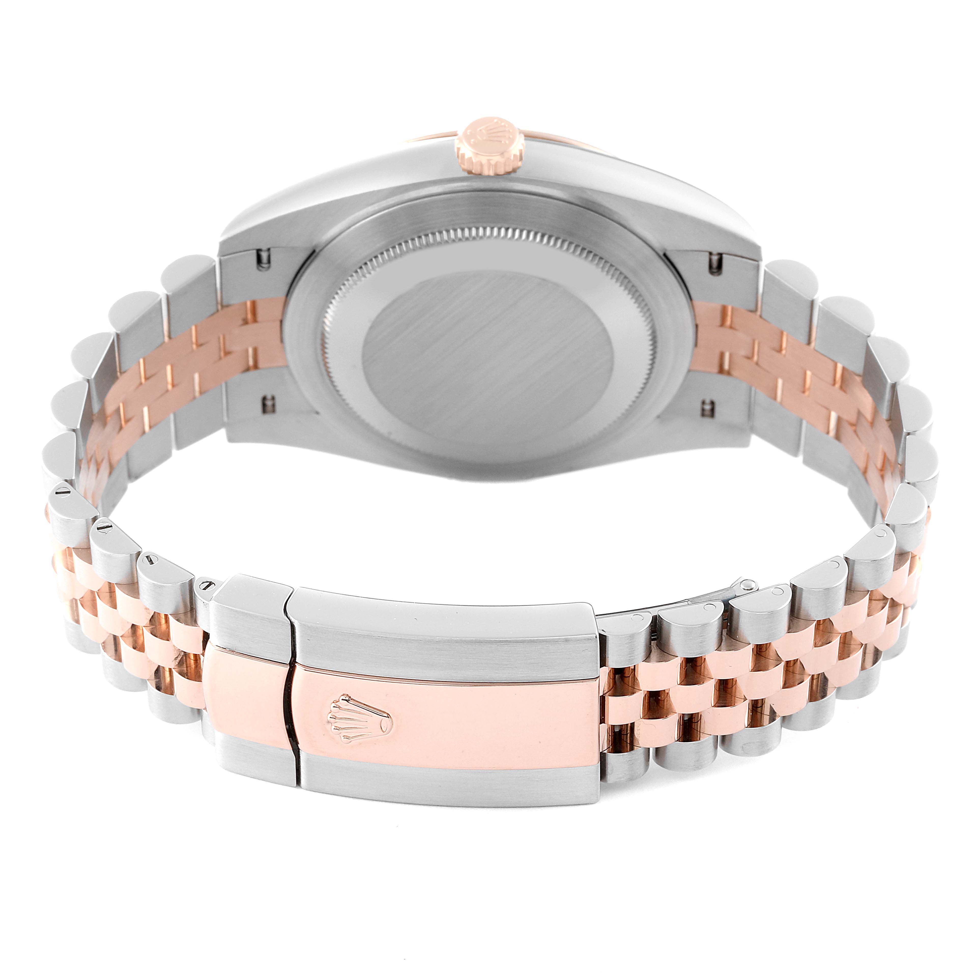 This image shows the back case and jubilee bracelet of the Rolex Datejust 41 126331 Men's Steel and Gold (two tone) Brown Dial 126331 Men's Steel and Gold (two tone) Brown Dial with the clasp and crown visible.