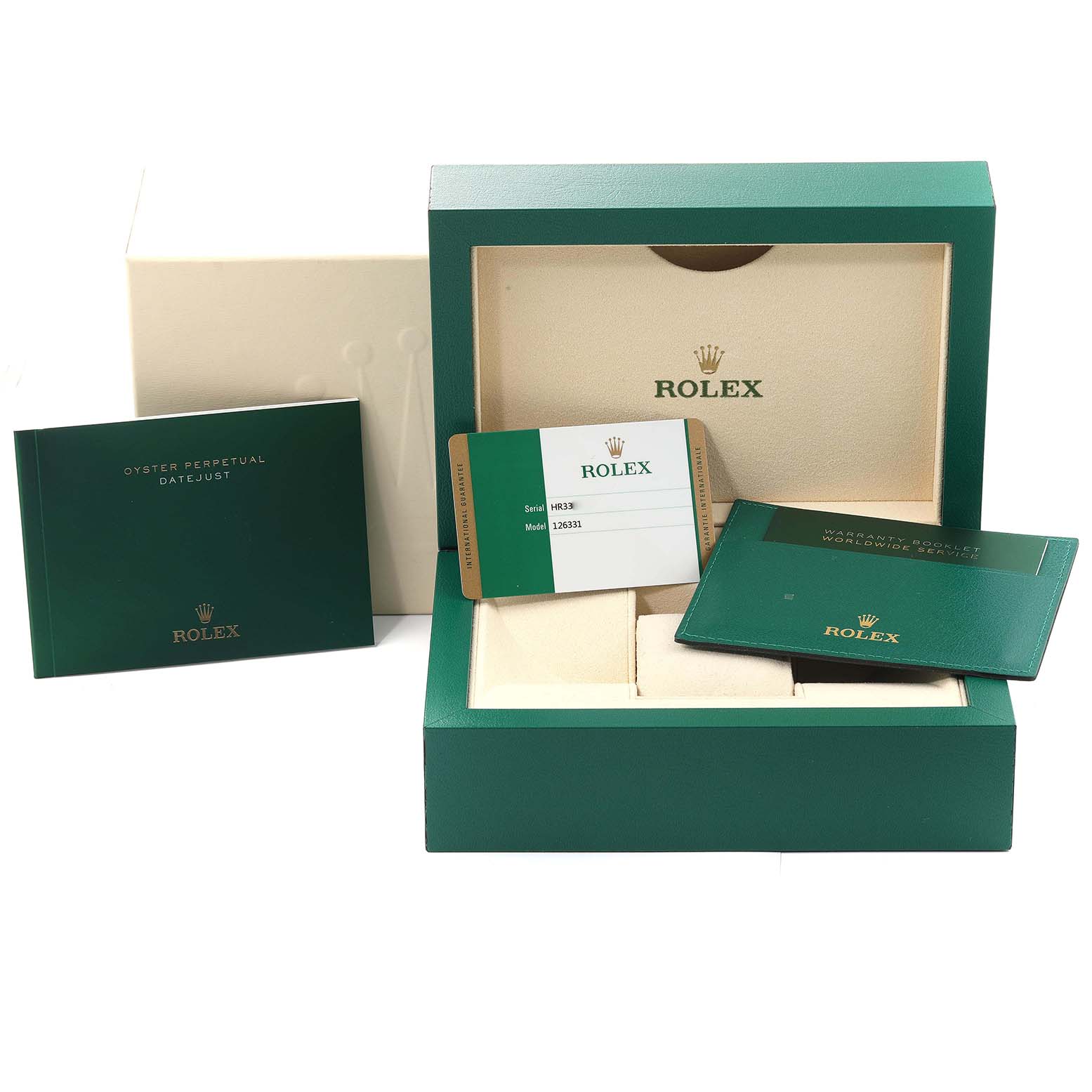 The image shows the packaging, booklets, and warranty card for a Rolex Datejust 41 126331 Men's Steel and Gold (two tone) Brown Dial 126331 Men's Steel and Gold (two tone) Brown Dial watch.