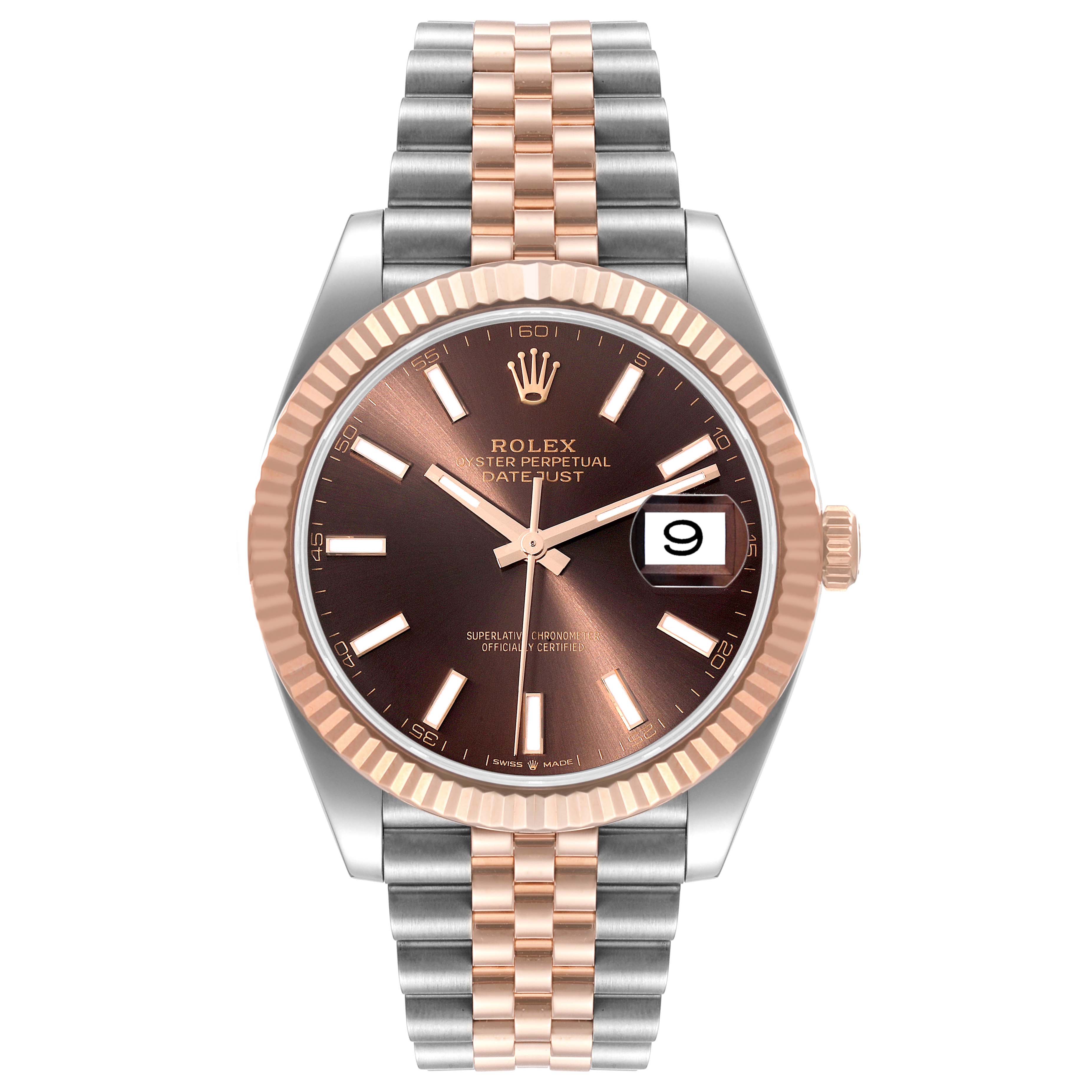 This image shows a Rolex Datejust 41 126331 Men's Steel and Gold (two tone) Brown Dial 126331 Men's Steel and Gold (two tone) Brown Dial watch from a front angle, displaying its dial, bezel, and bracelet.