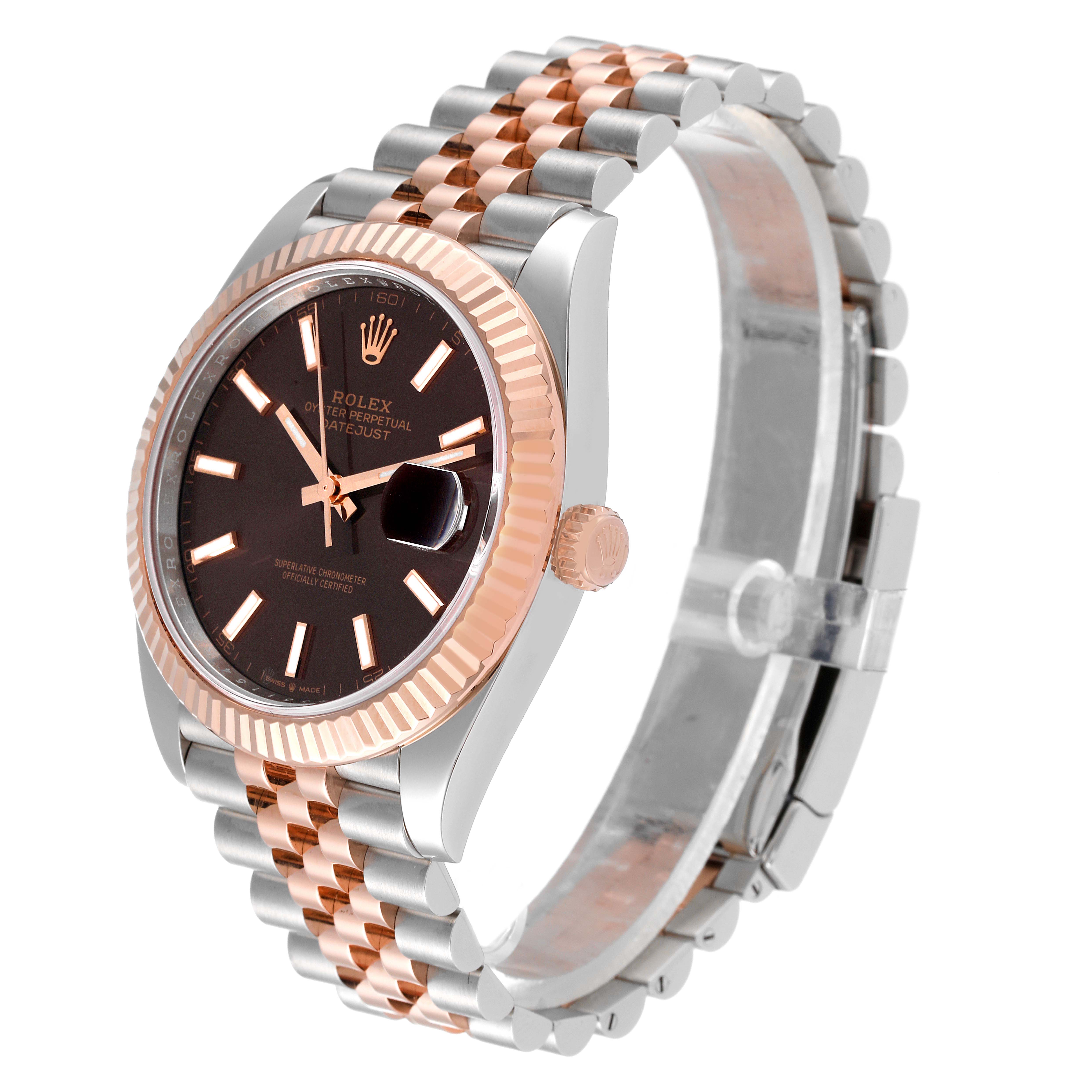 This image shows a Rolex Datejust 41 126331 Men's Steel and Gold (two tone) Brown Dial 126331 Men's Steel and Gold (two tone) Brown Dial watch, viewed from a slight angle, displaying the dial, bezel, and bracelet.