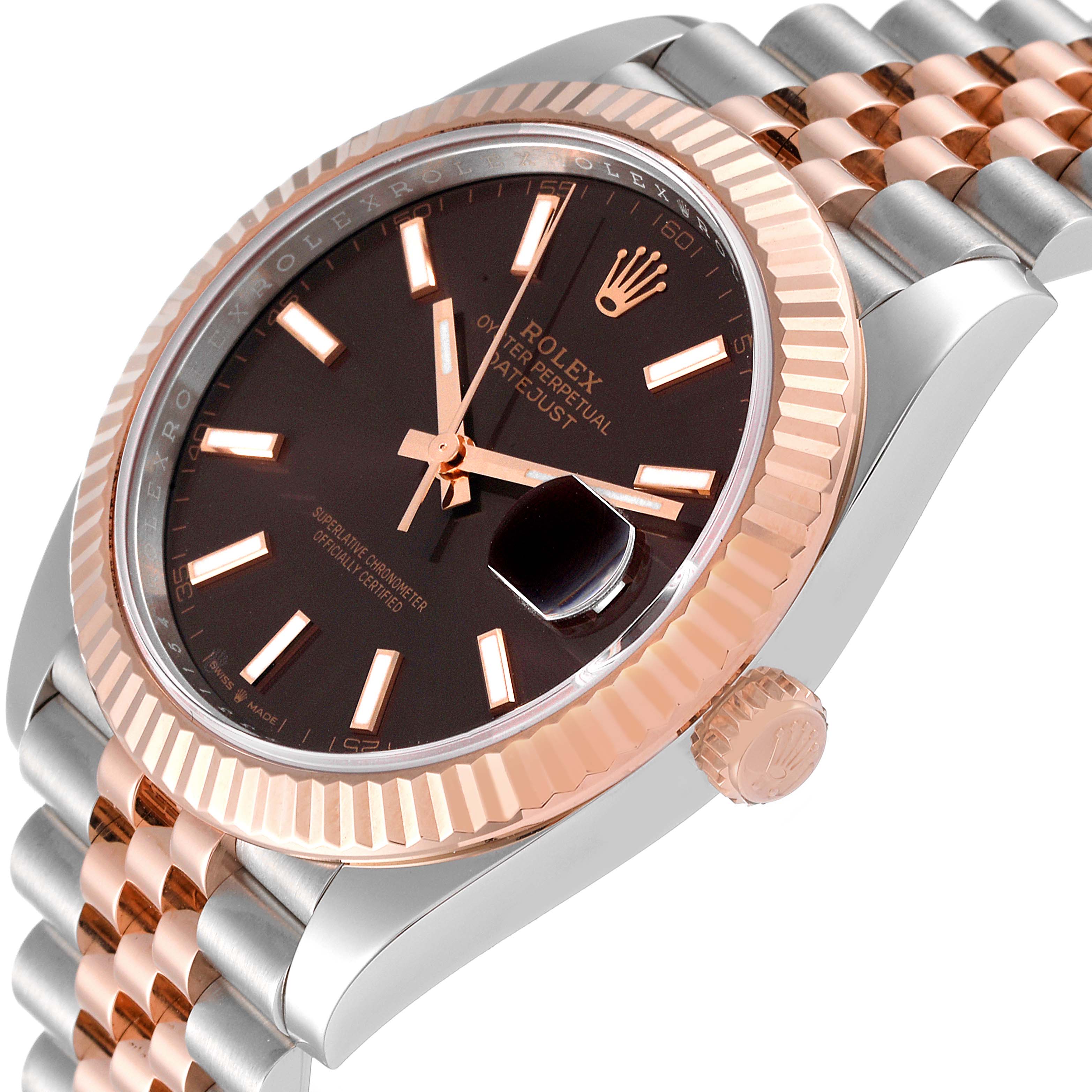 The image shows a close-up angle of the Rolex Datejust 41 126331 Men's Steel and Gold (two tone) Brown Dial 126331 Men's Steel and Gold (two tone) Brown Dial watch, highlighting its dial, bezel, crown, and part of the bracelet.