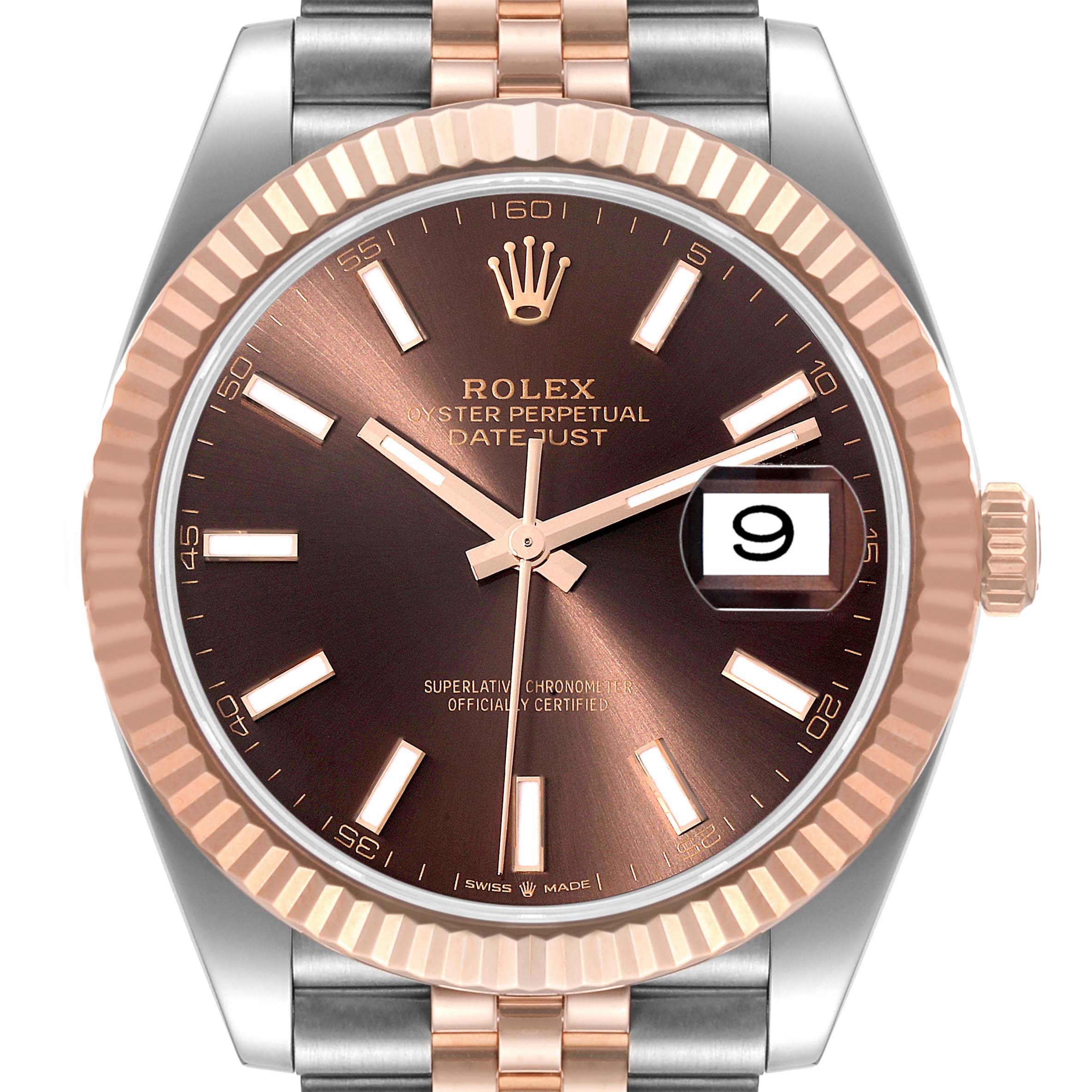 The image shows a front view of the Rolex Datejust 41 126331 Men's Steel and Gold (two tone) Brown Dial 126331 Men's Steel and Gold (two tone) Brown Dial watch, highlighting its chocolate dial, fluted bezel, and date display.
