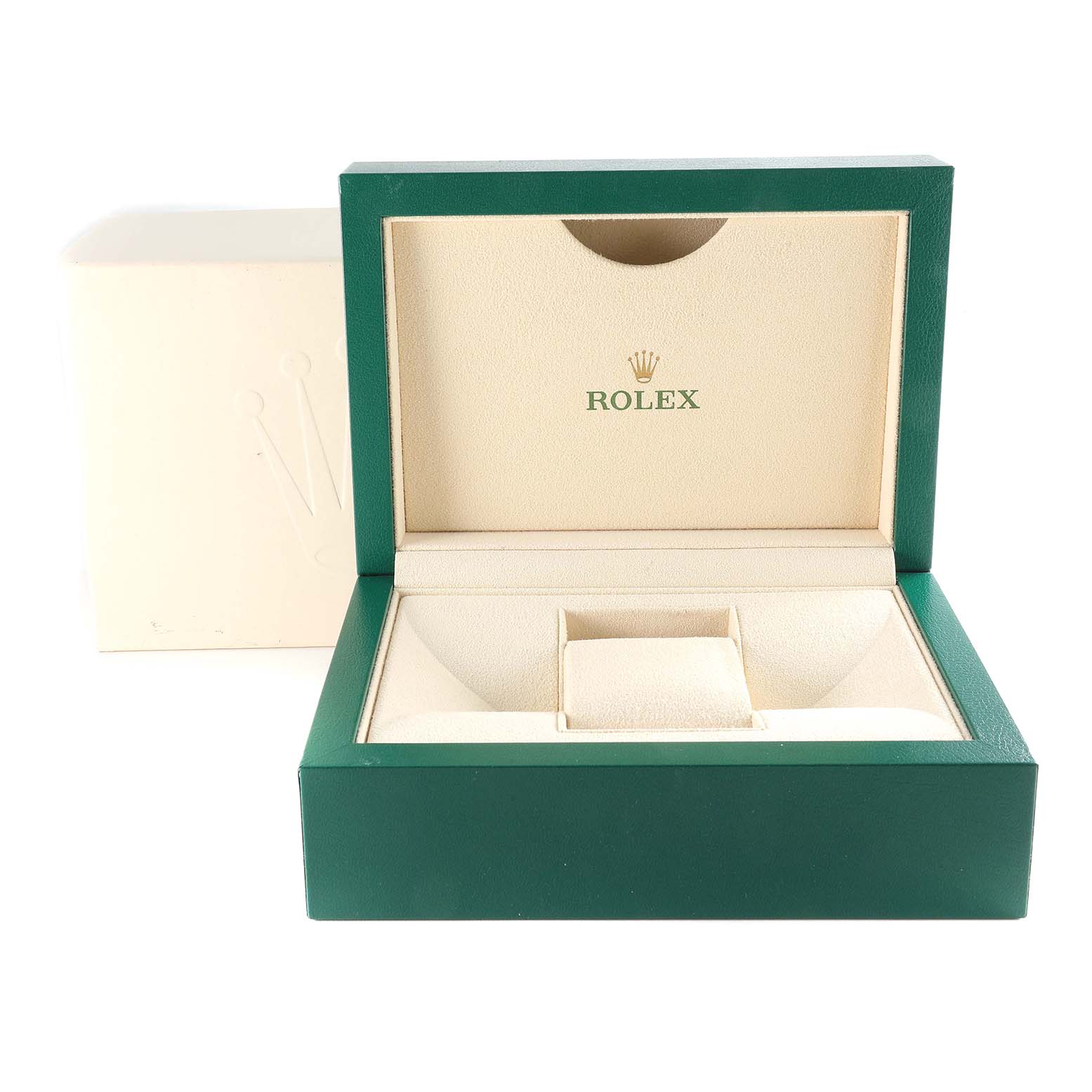 This is an open, empty box for a Rolex Datejust 41 126333 Men's Steel and Gold (two tone) Black Dial 126333 Men's Steel and Gold (two tone) Black Dial watch, showing its green exterior and beige interior with the Rolex logo.
