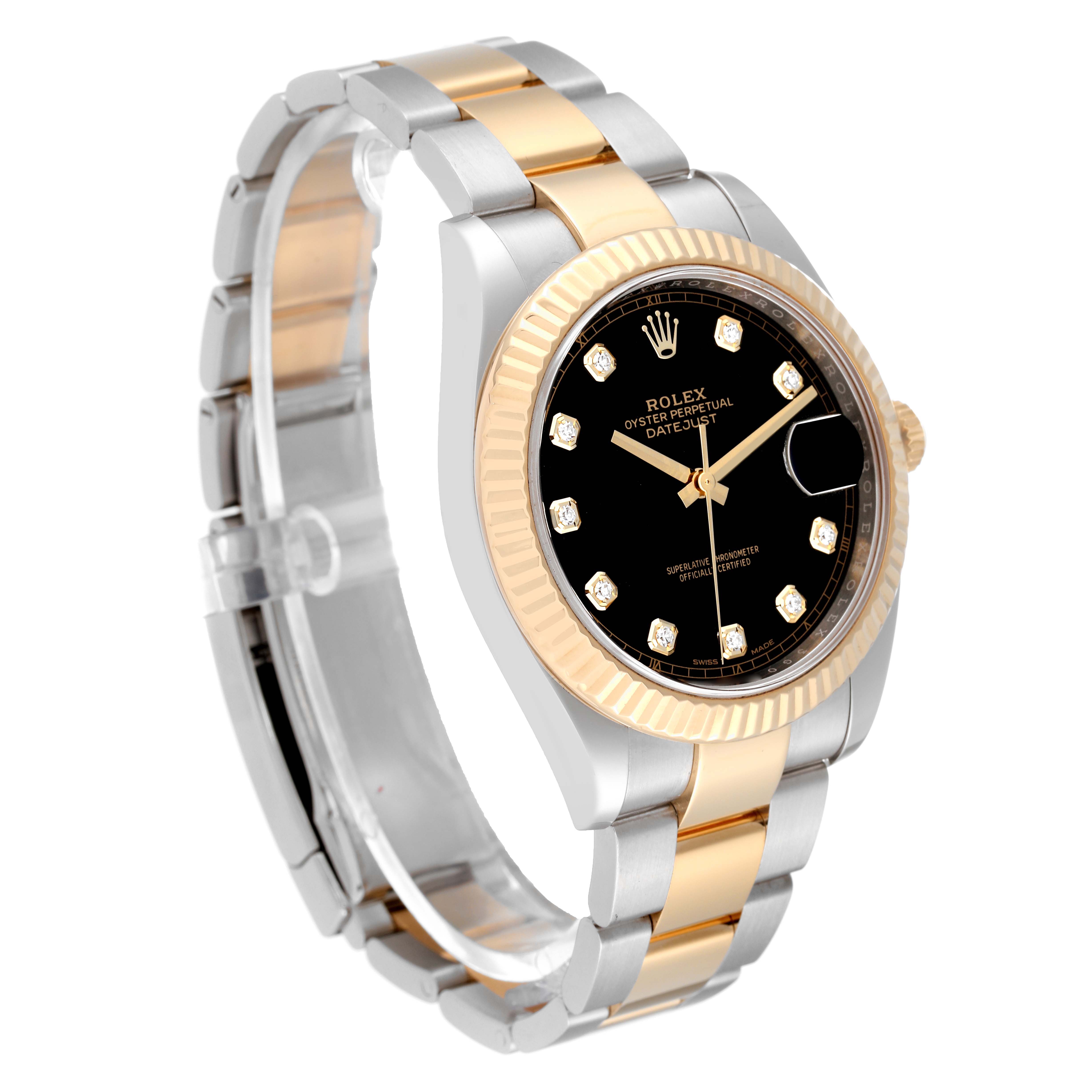 This image shows a side and front angle of the Rolex Datejust 41 126333 Men's Steel and Gold (two tone) Black Dial 126333 Men's Steel and Gold (two tone) Black Dial, displaying its dial, case, and bracelet.