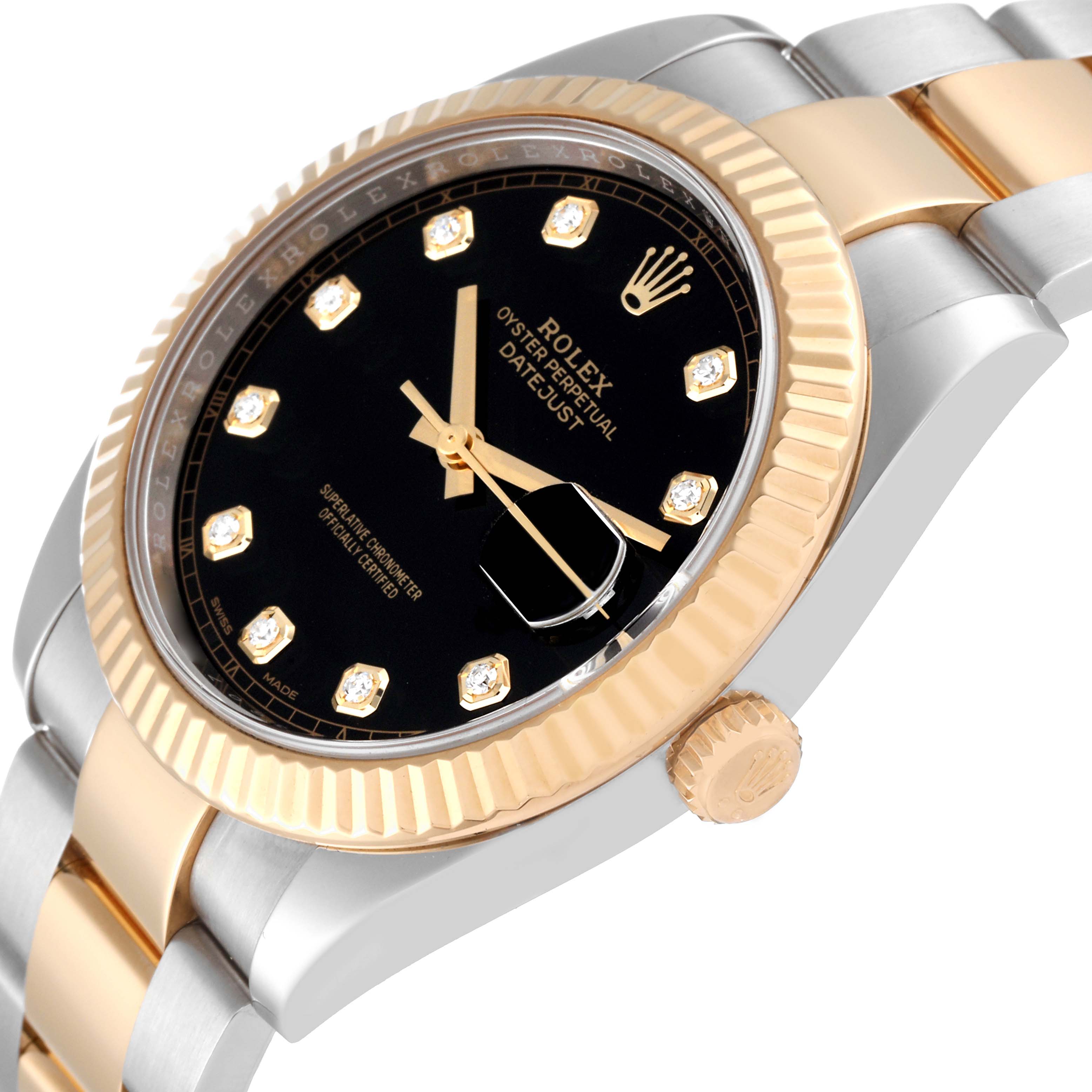 The image shows a side and partial top view of a Rolex Datejust 41 126333 Men's Steel and Gold (two tone) Black Dial 126333 Men's Steel and Gold (two tone) Black Dial model, highlighting the bezel, crown, and part of the bracelet.