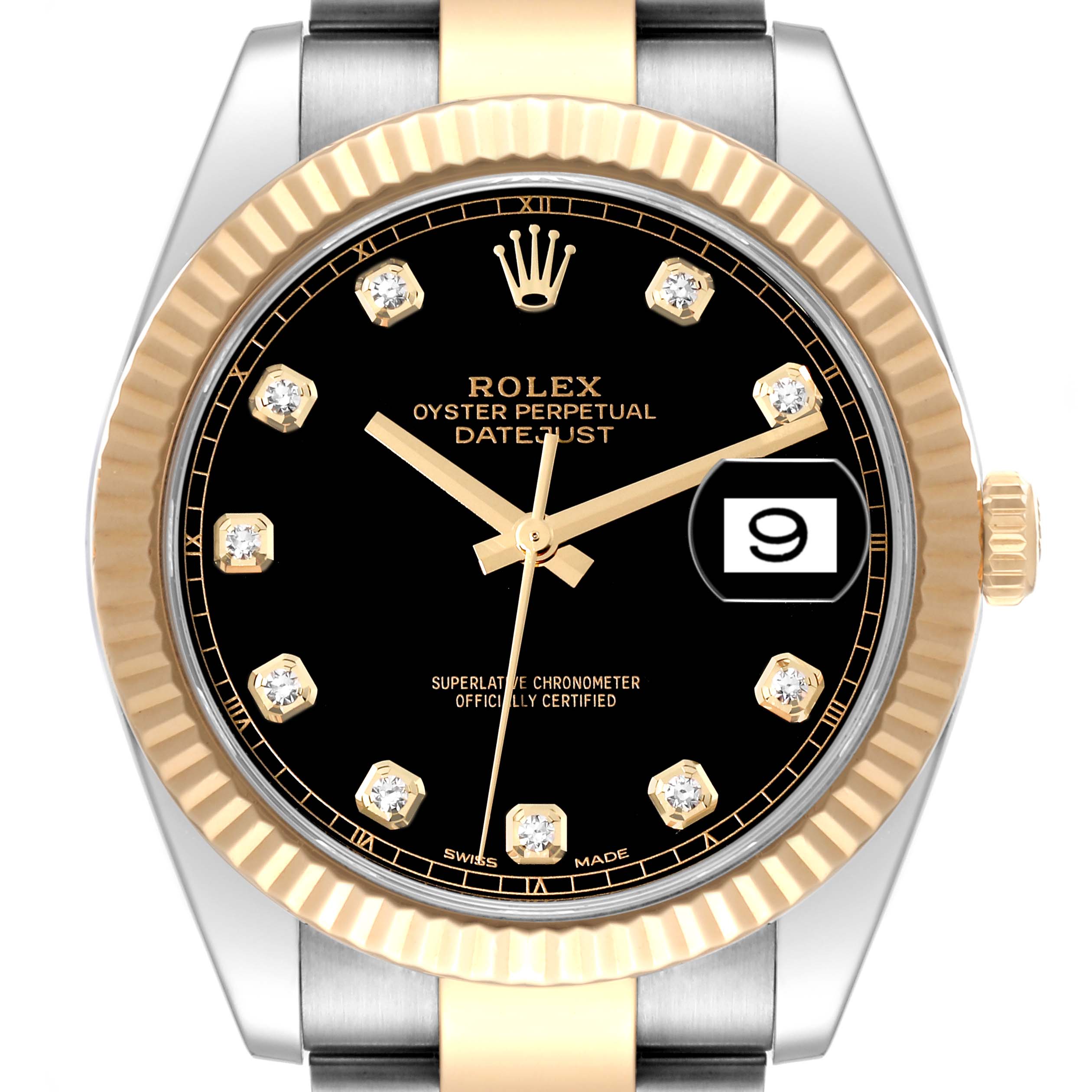This image shows a front view of the Rolex Datejust 41 126333 Men's Steel and Gold (two tone) Black Dial 126333 Men's Steel and Gold (two tone) Black Dial watch displaying the dial, bezel, crown, and part of the bracelet.