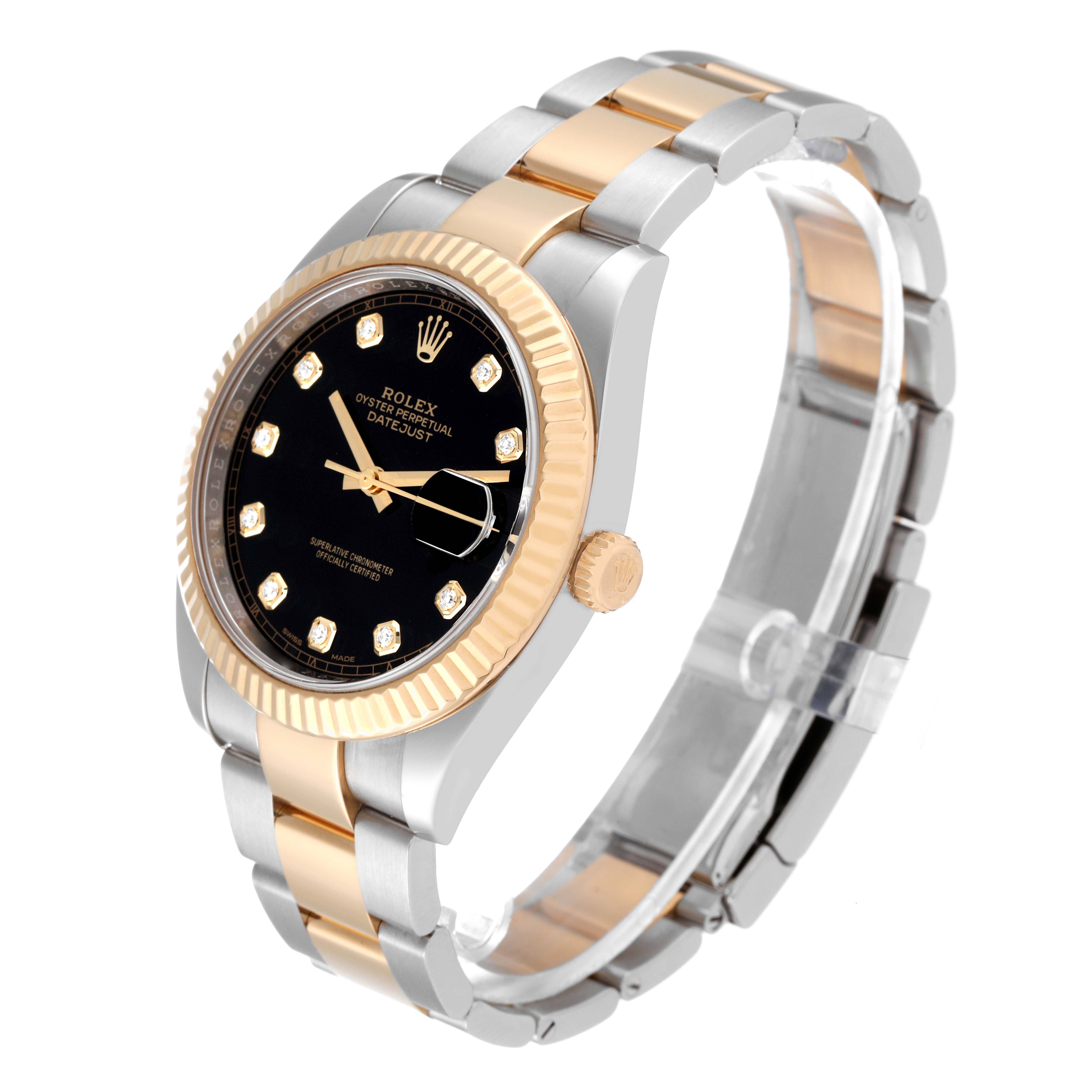 The image shows a Rolex Datejust 41 126333 Men's Steel and Gold (two tone) Black Dial 126333 Men's Steel and Gold (two tone) Black Dial model watch at an angled view, highlighting its two-tone bracelet, black dial, and fluted bezel.