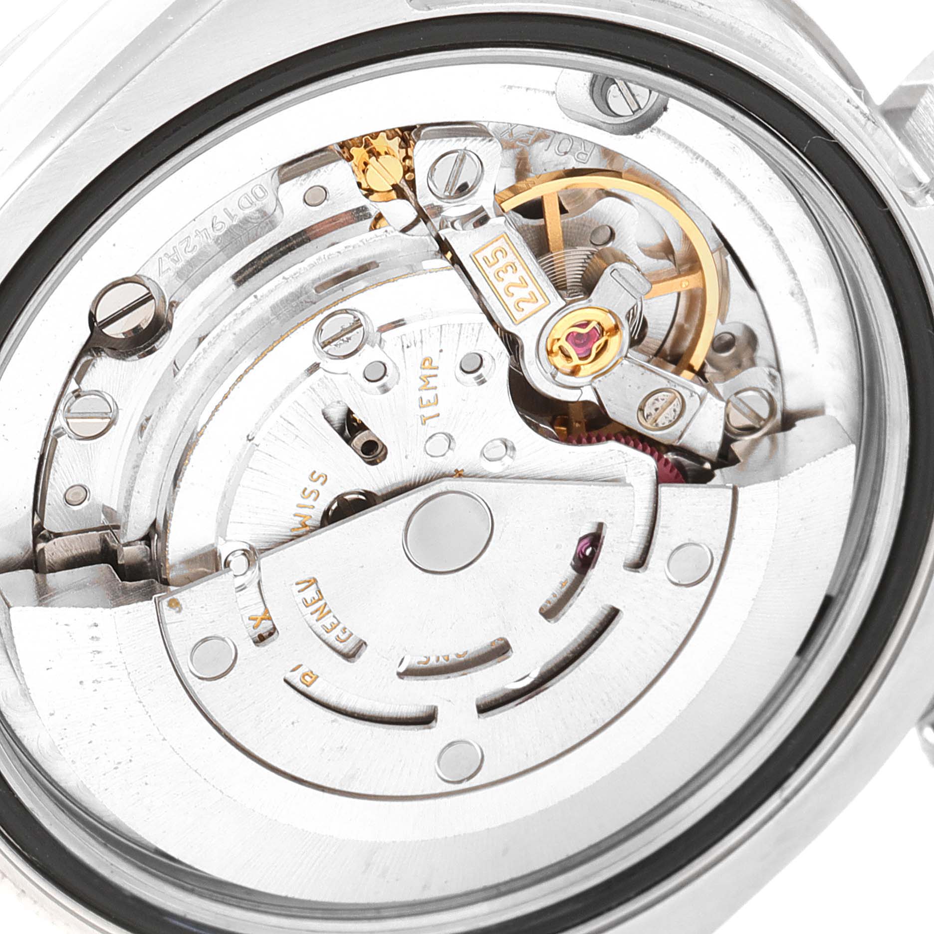 This image shows a close-up of the internal movement mechanism of a Rolex Mid-Size 178274 Women's Stainless Steel Silver Dial 178274 Women's Stainless Steel Silver Dial watch from a top-down angle.