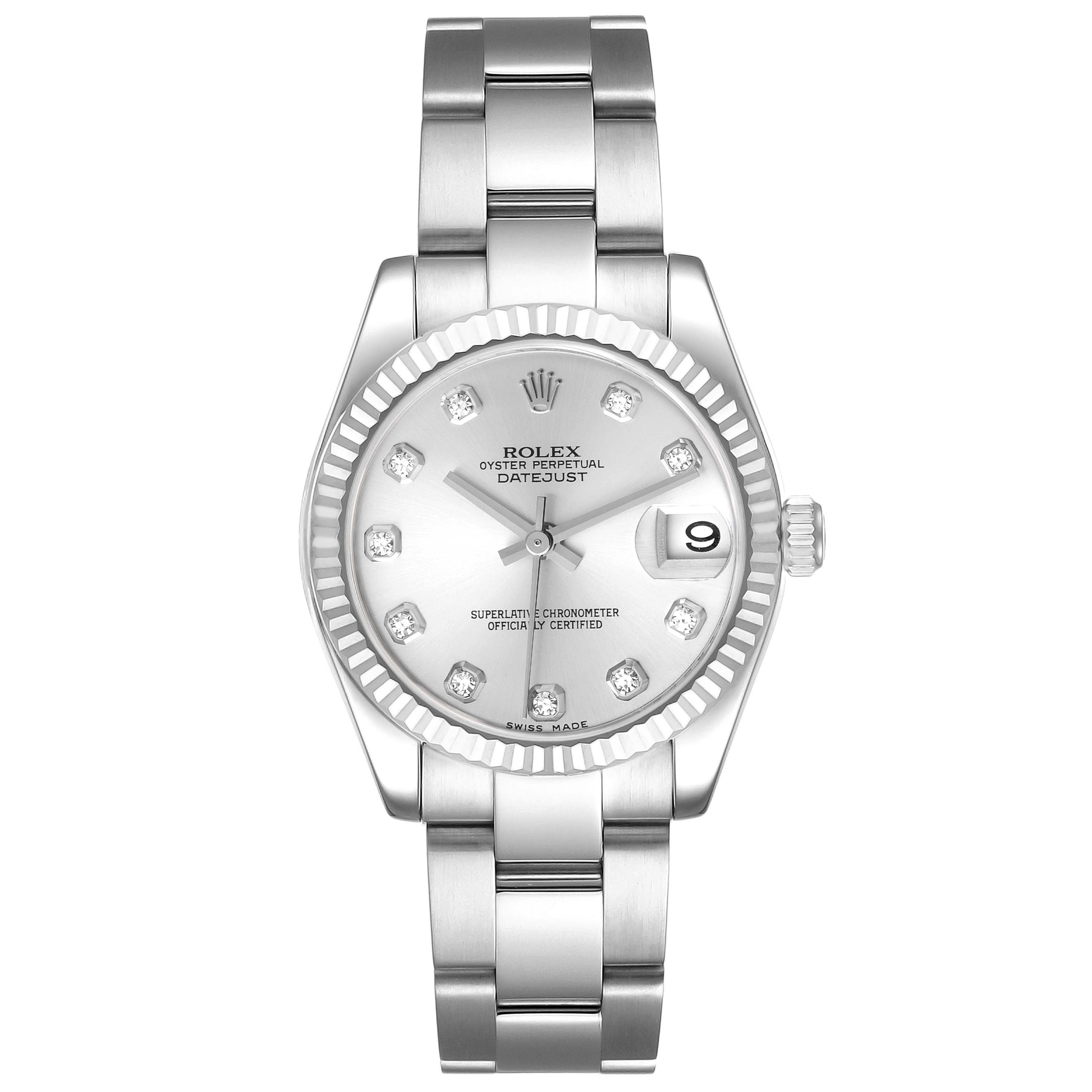 This is a front view of a Rolex Mid-Size 178274 Women's Stainless Steel Silver Dial 178274 Women's Stainless Steel Silver Dial Datejust watch, showing the face, dial, and bracelet.