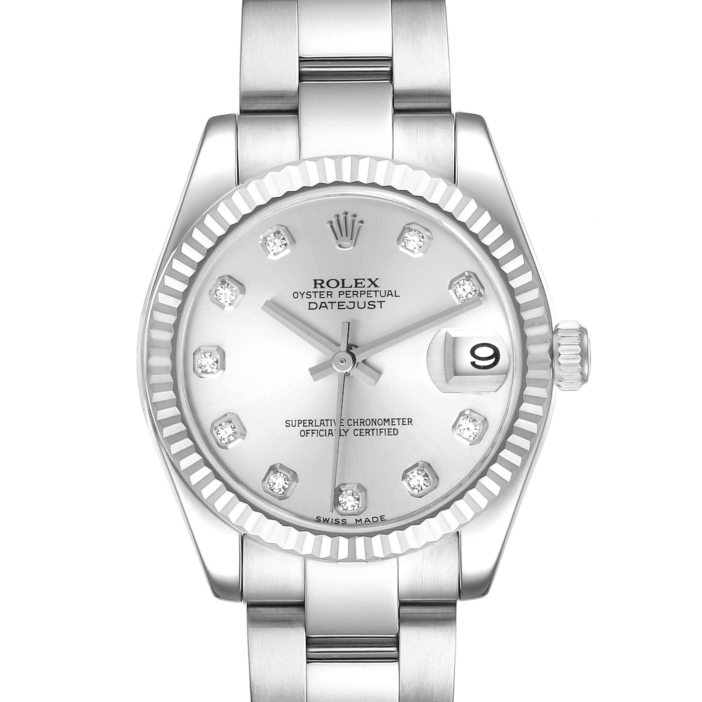 The image shows a front view of the Rolex Datejust Mid-Size model, highlighting the watch face, bezel, and part of the bracelet.