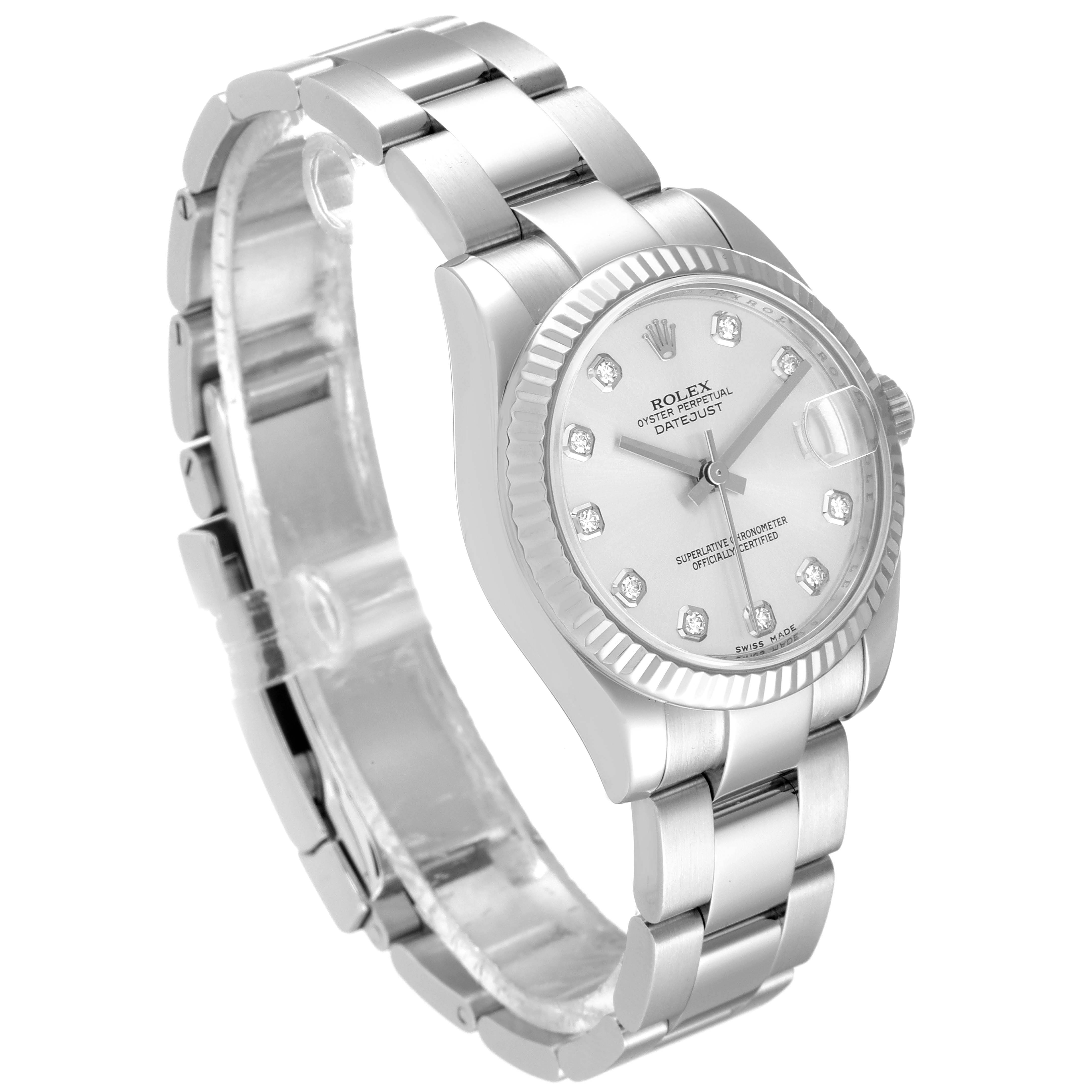 This image displays a Rolex Mid-Size 178274 Women's Stainless Steel Silver Dial 178274 Women's Stainless Steel Silver Dial Datejust watch angled from the front-left, showcasing its dial, bezel, and bracelet.