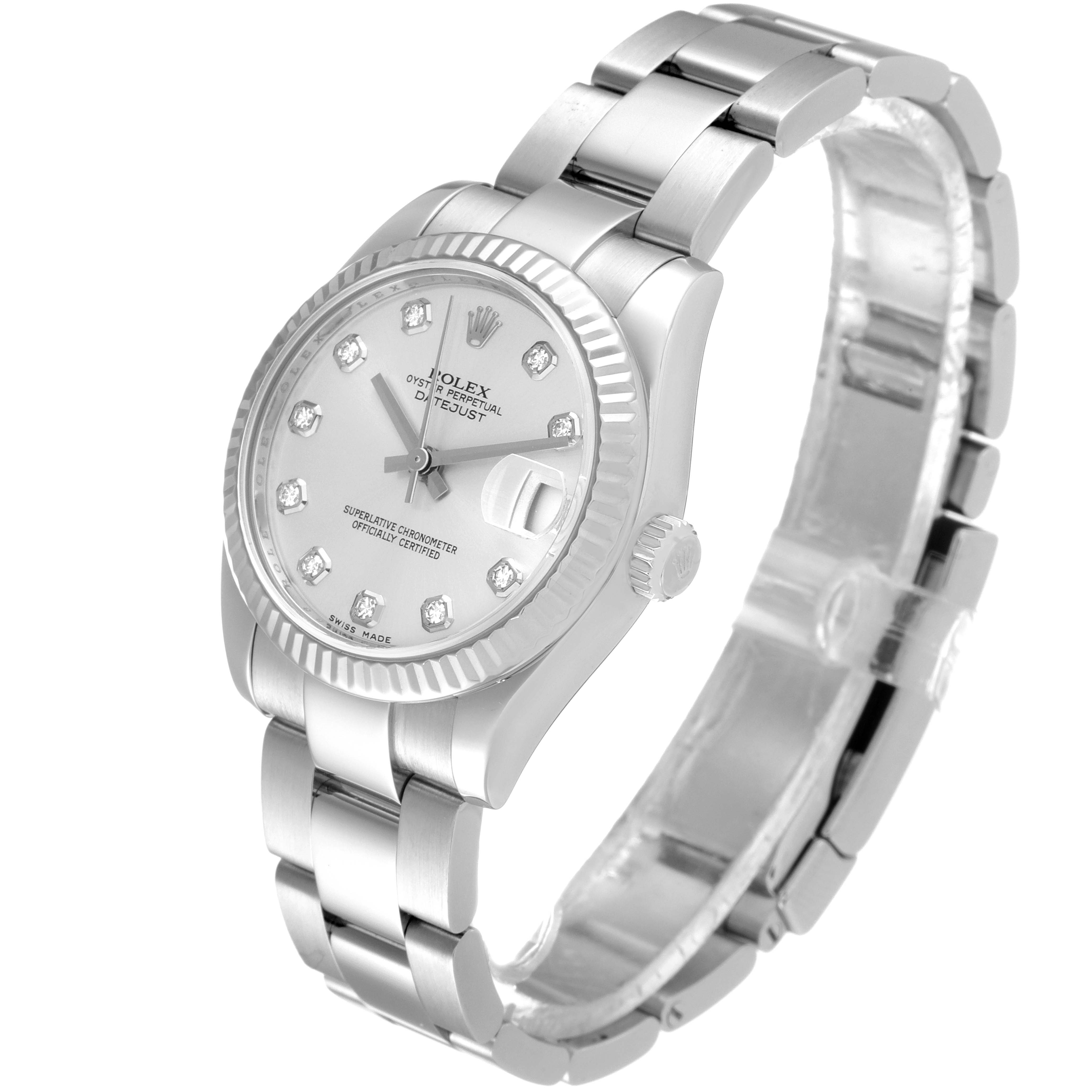 The Rolex Mid-Size 178274 Women's Stainless Steel Silver Dial 178274 Women's Stainless Steel Silver Dial watch is shown at a three-quarter angle, highlighting the bezel, dial, bracelet, and crown.