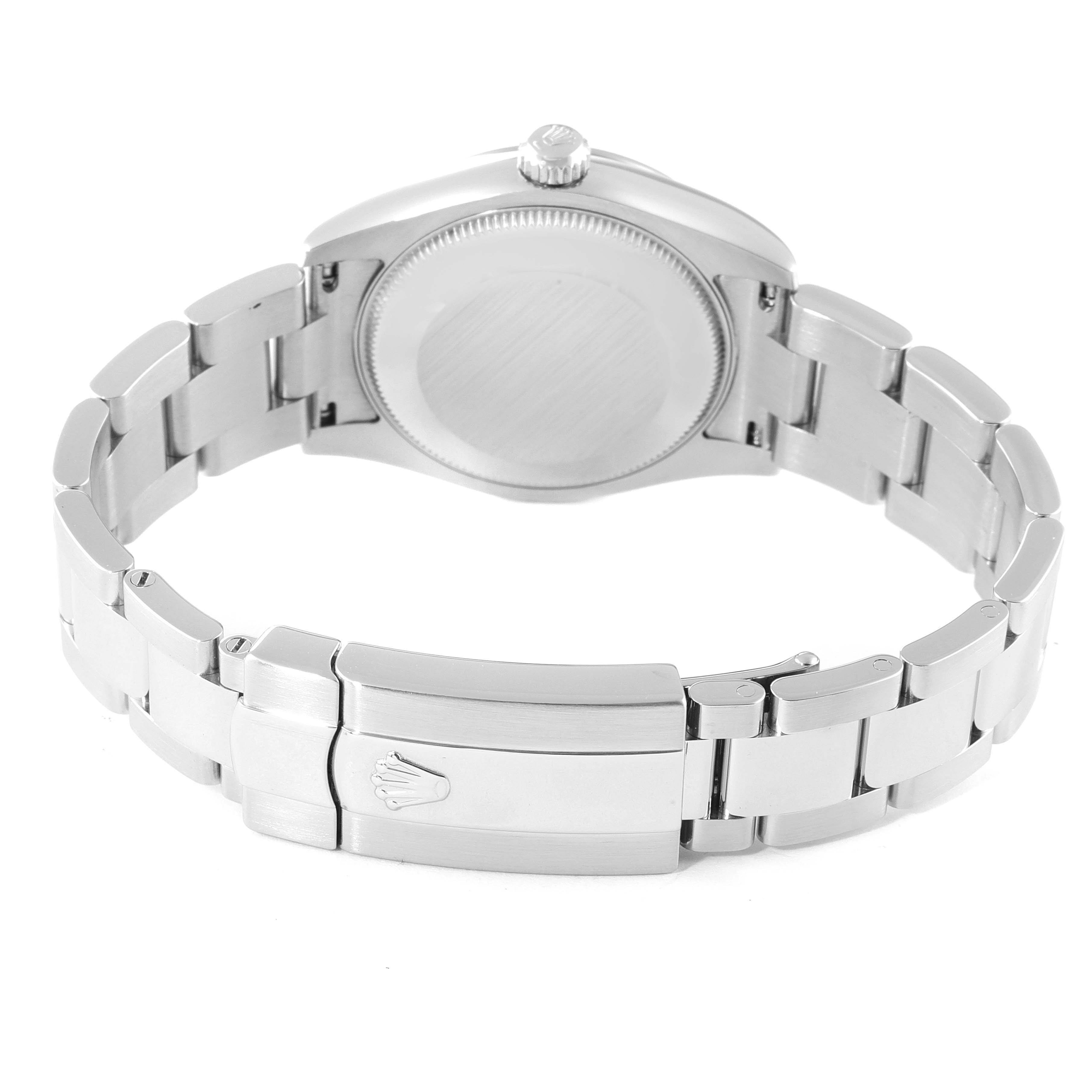 The image shows the back view of a Rolex Mid-Size 178274 Women's Stainless Steel Silver Dial 178274 Women's Stainless Steel Silver Dial watch, focusing on the case back and metal bracelet clasp.
