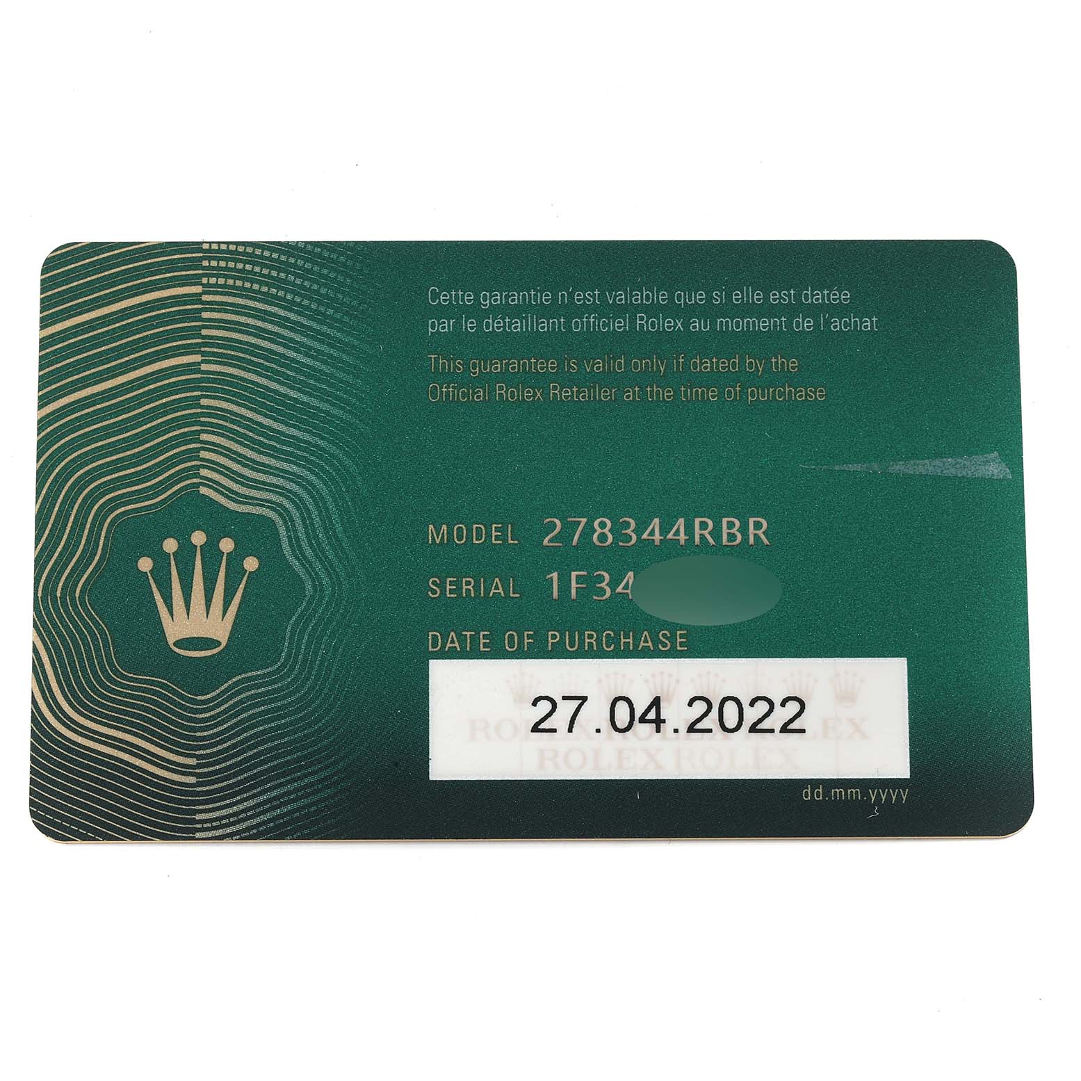 This image shows a warranty card for the Mid-Size Rolex model 278344RBR.