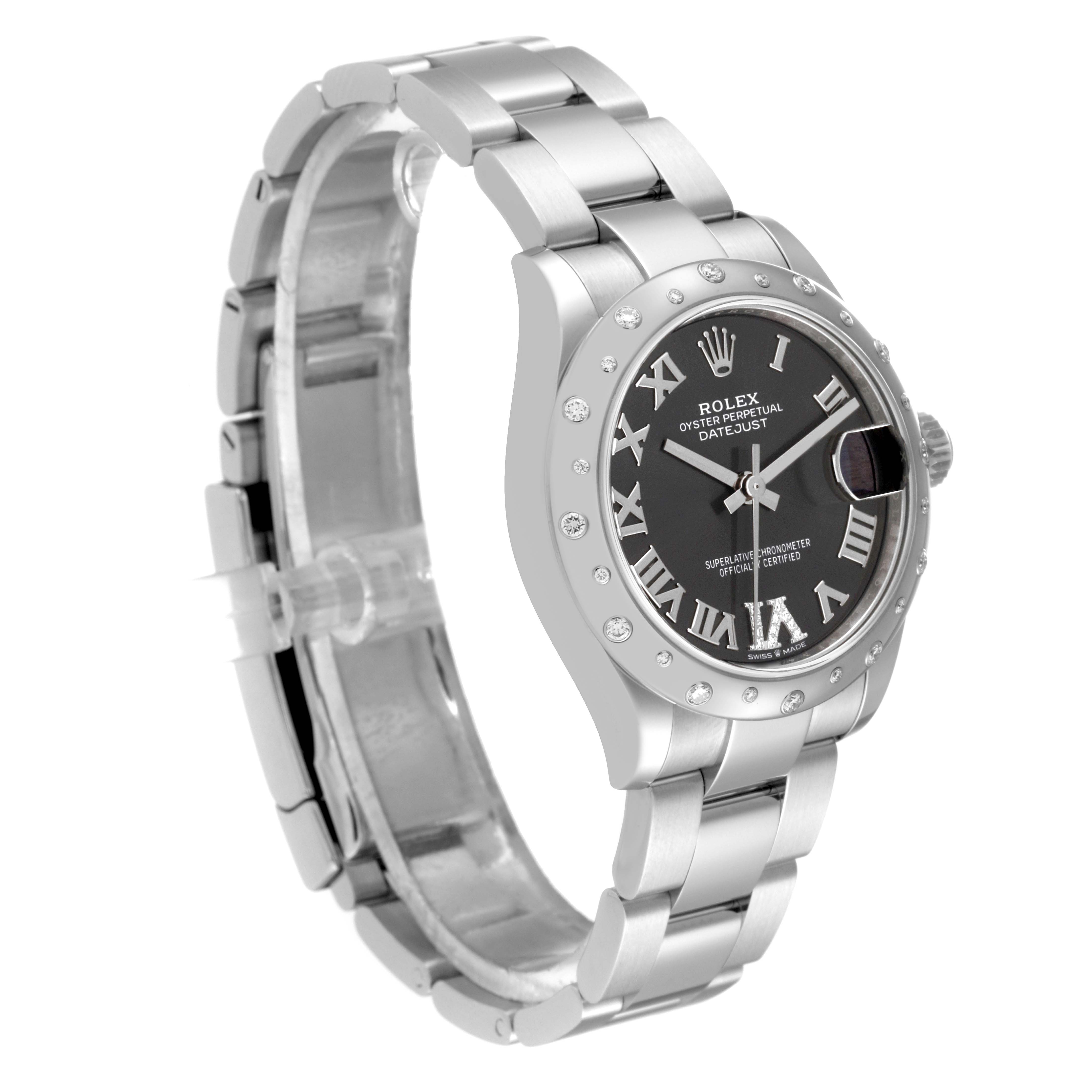 The image shows a side view of a Rolex Mid-Size 278344RBR Women's Stainless Steel Grey Dial 278344RBR Women's Stainless Steel Grey Dial Datejust watch, displaying the bracelet, case, dial, and bezel.