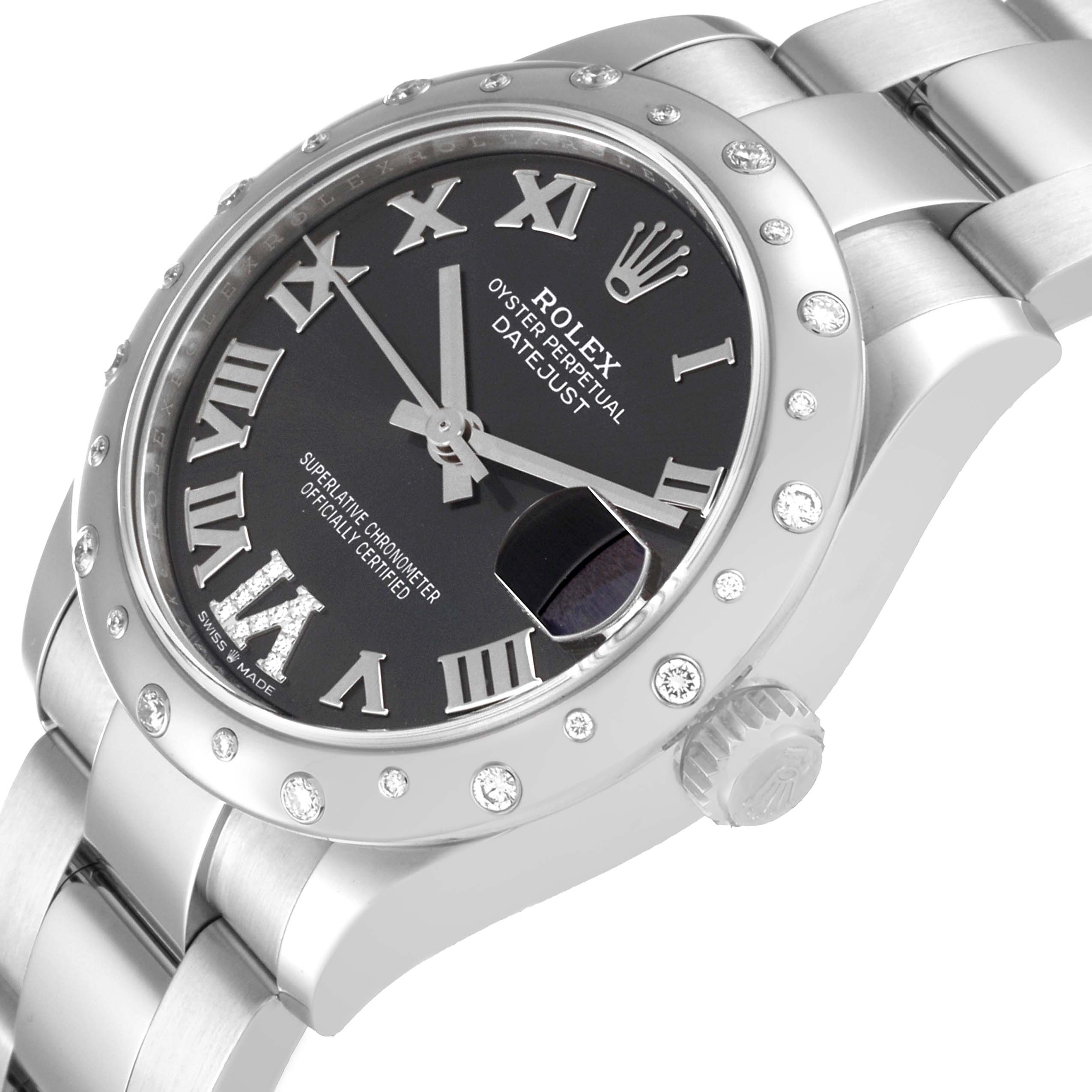 The image shows a Rolex Mid-Size 278344RBR Women's Stainless Steel Grey Dial 278344RBR Women's Stainless Steel Grey Dial Oyster Perpetual Datejust watch at an angled side view, revealing its dial, bezel, and part of the bracelet.