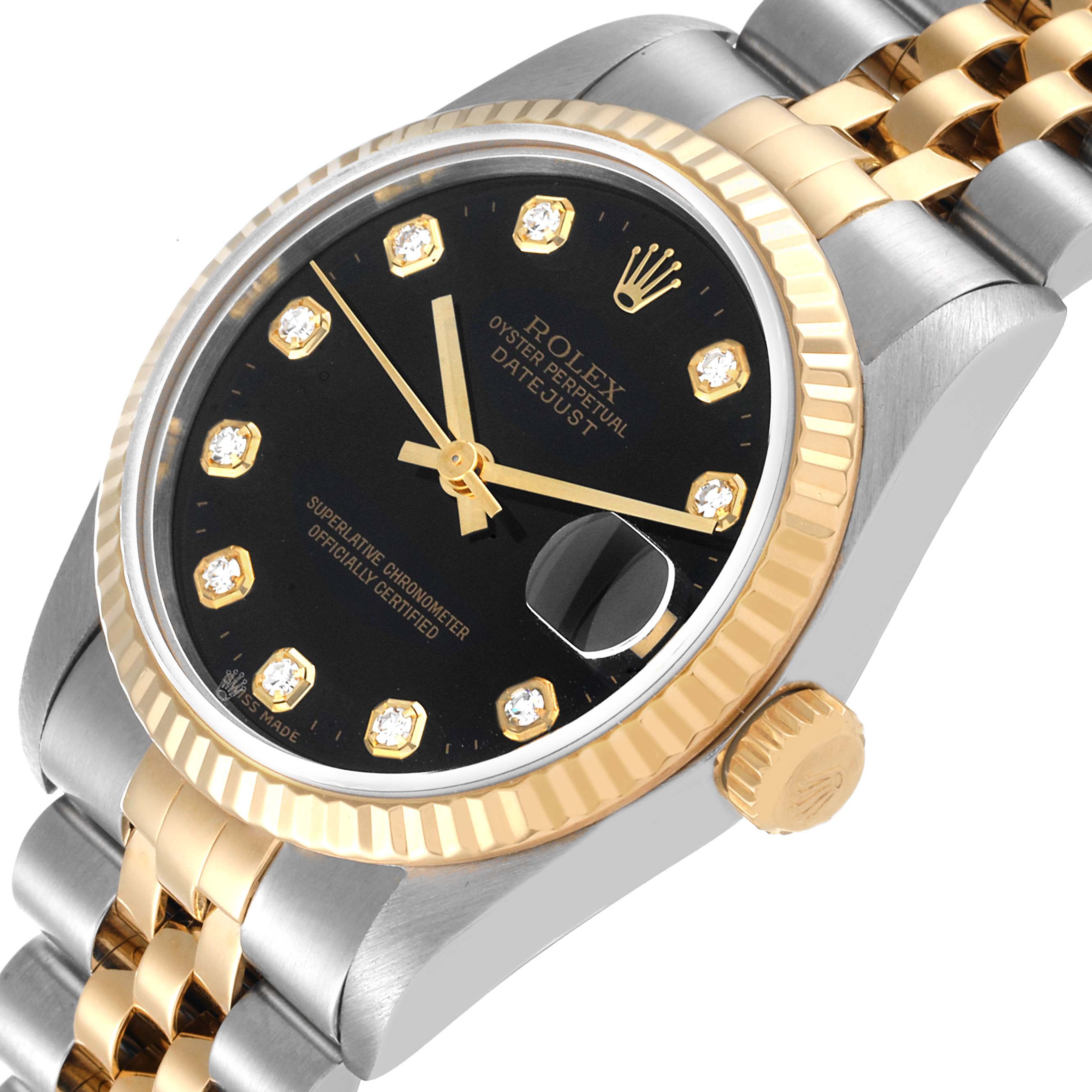 The image shows a Rolex Mid-Size 78273 Women
s Steel and Gold (two tone) Black Dial 78273 Women
s Steel and Gold (two tone) Black Dial Oyster Perpetual Datejust watch, angled to display the dial, fluted bezel, and part of the bracelet.
