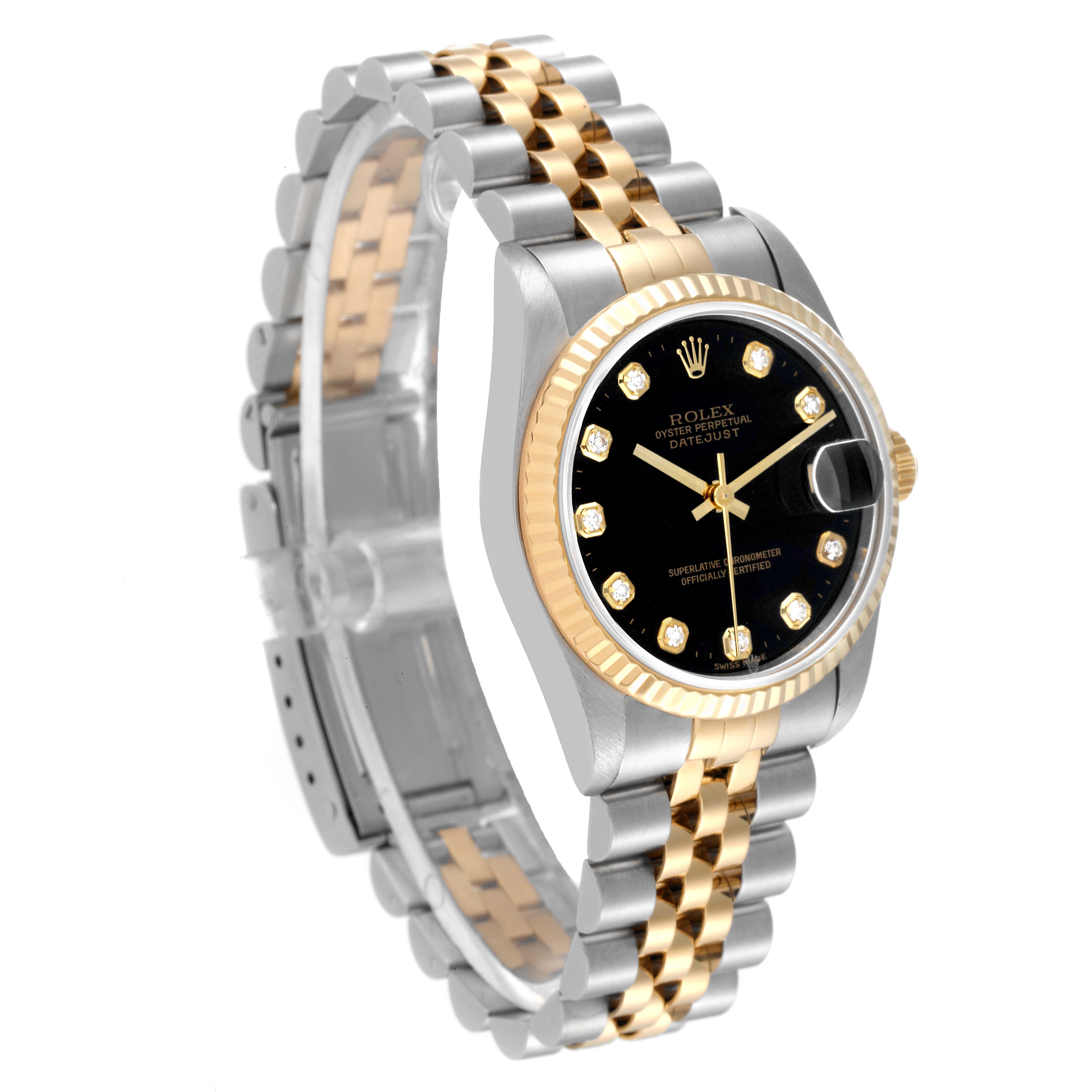 This Rolex Mid-Size 78273 Women
s Steel and Gold (two tone) Black Dial 78273 Women
s Steel and Gold (two tone) Black Dial Datejust watch is shown at a slight angle displaying the black dial, gold bezel, and two-tone bracelet.