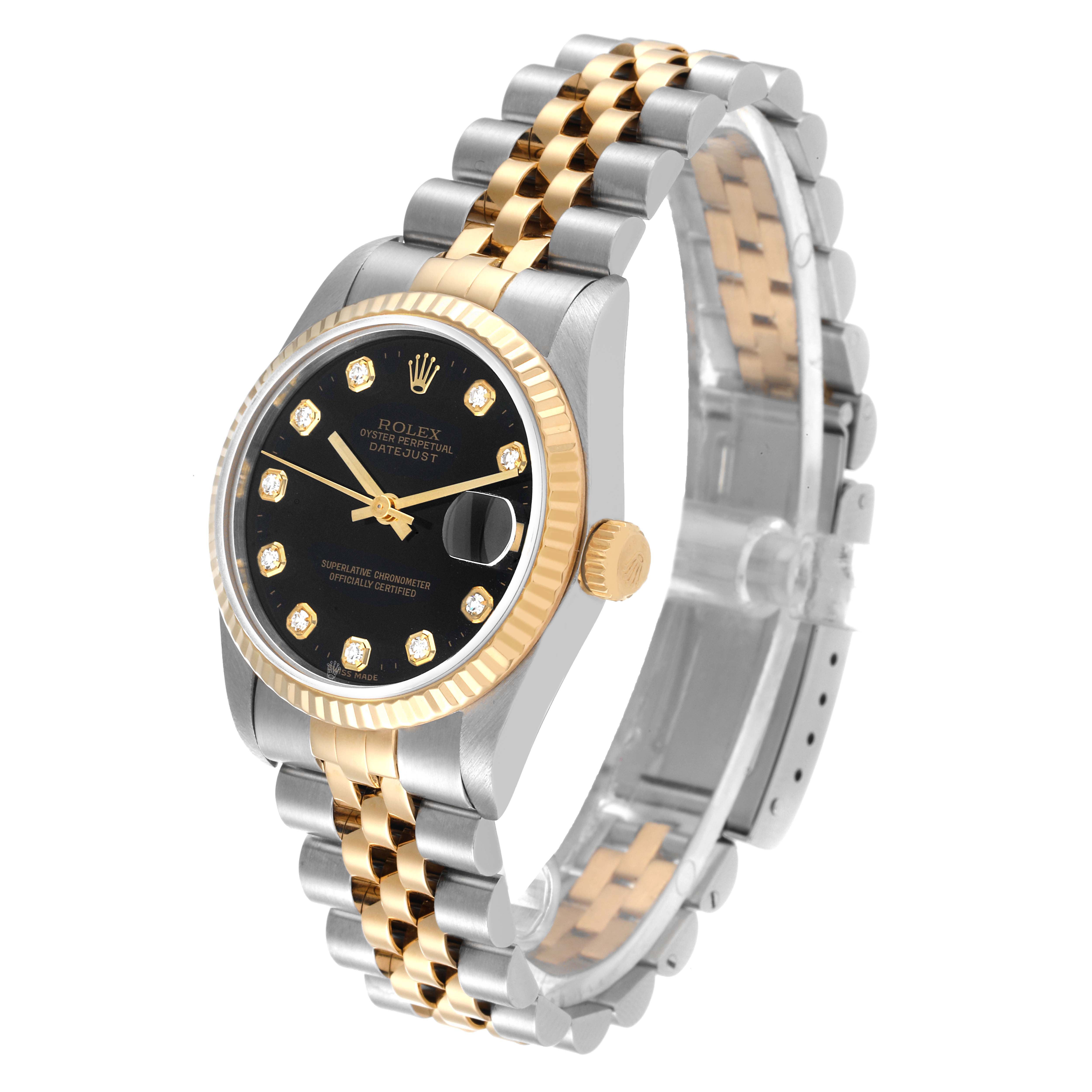 The image shows a front angled view of a Rolex Datejust Mid-Size model watch, displaying its face, bezel, and two-tone bracelet.