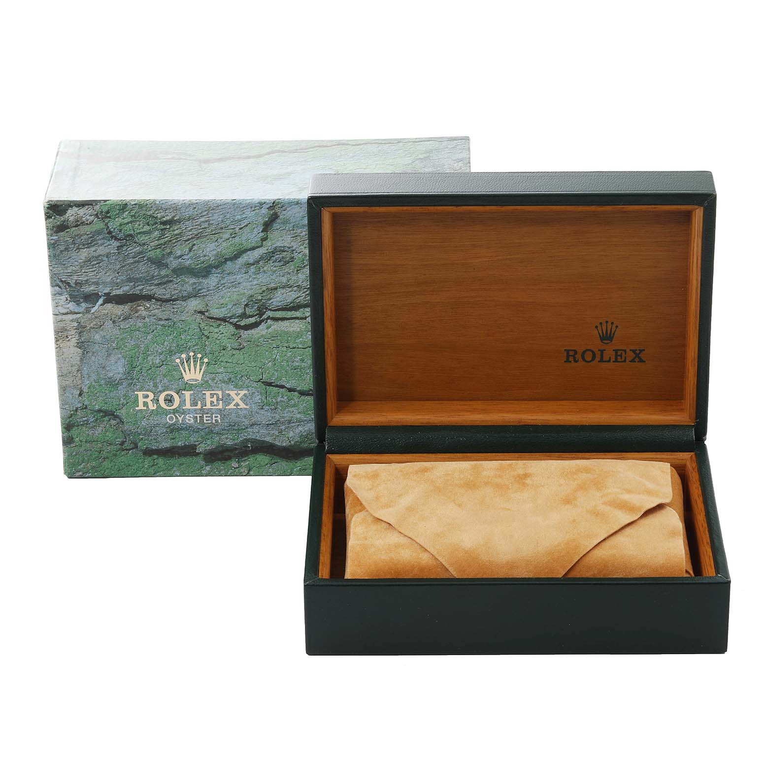This image shows the packaging, including the outer box and inner wooden case, for a Rolex Mid-Size 78273 Women
s Steel and Gold (two tone) Black Dial 78273 Women
s Steel and Gold (two tone) Black Dial model watch.