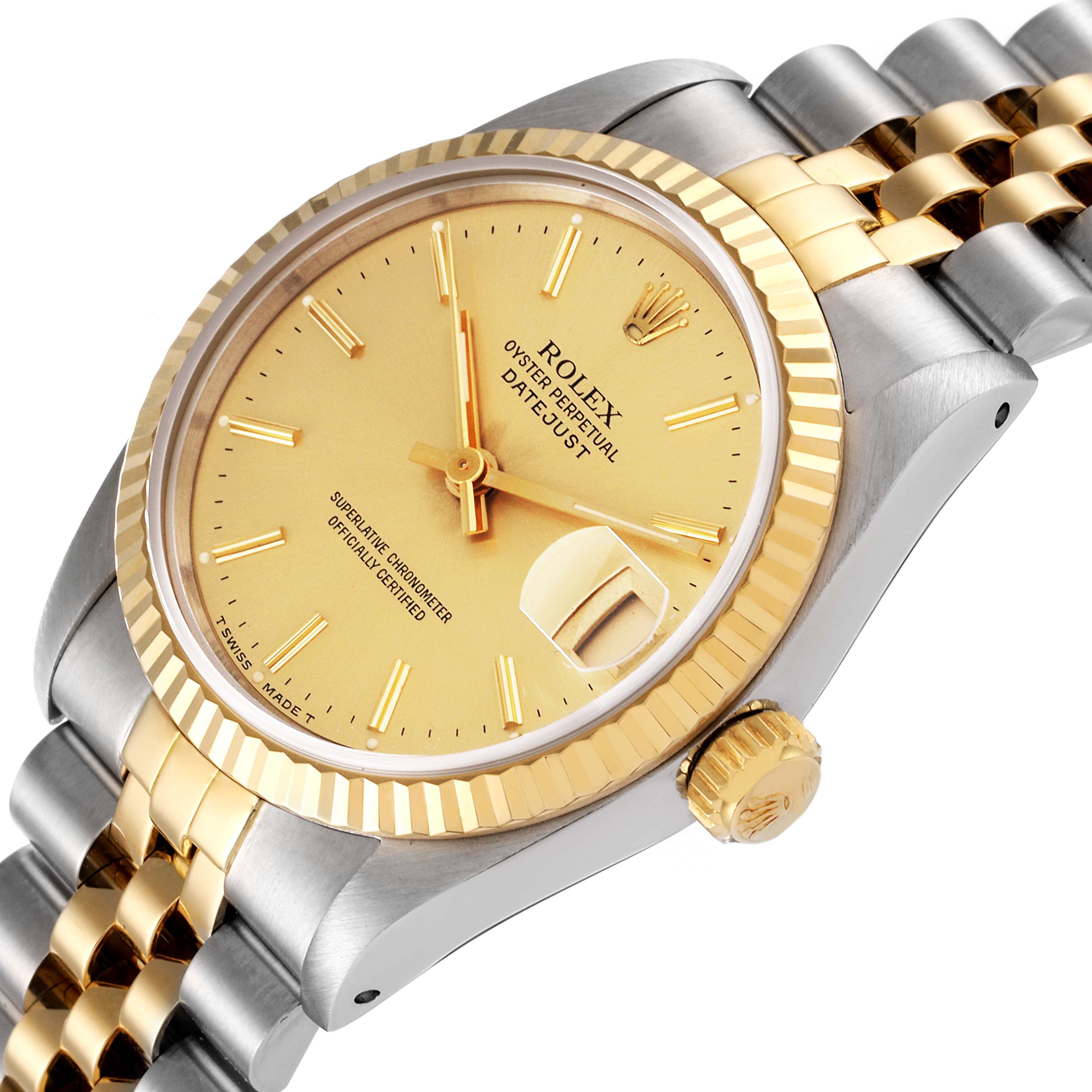 This image shows the dial, bezel, crown, and a portion of the strap of a Mid-Size Rolex Datejust watch at a slight angle.