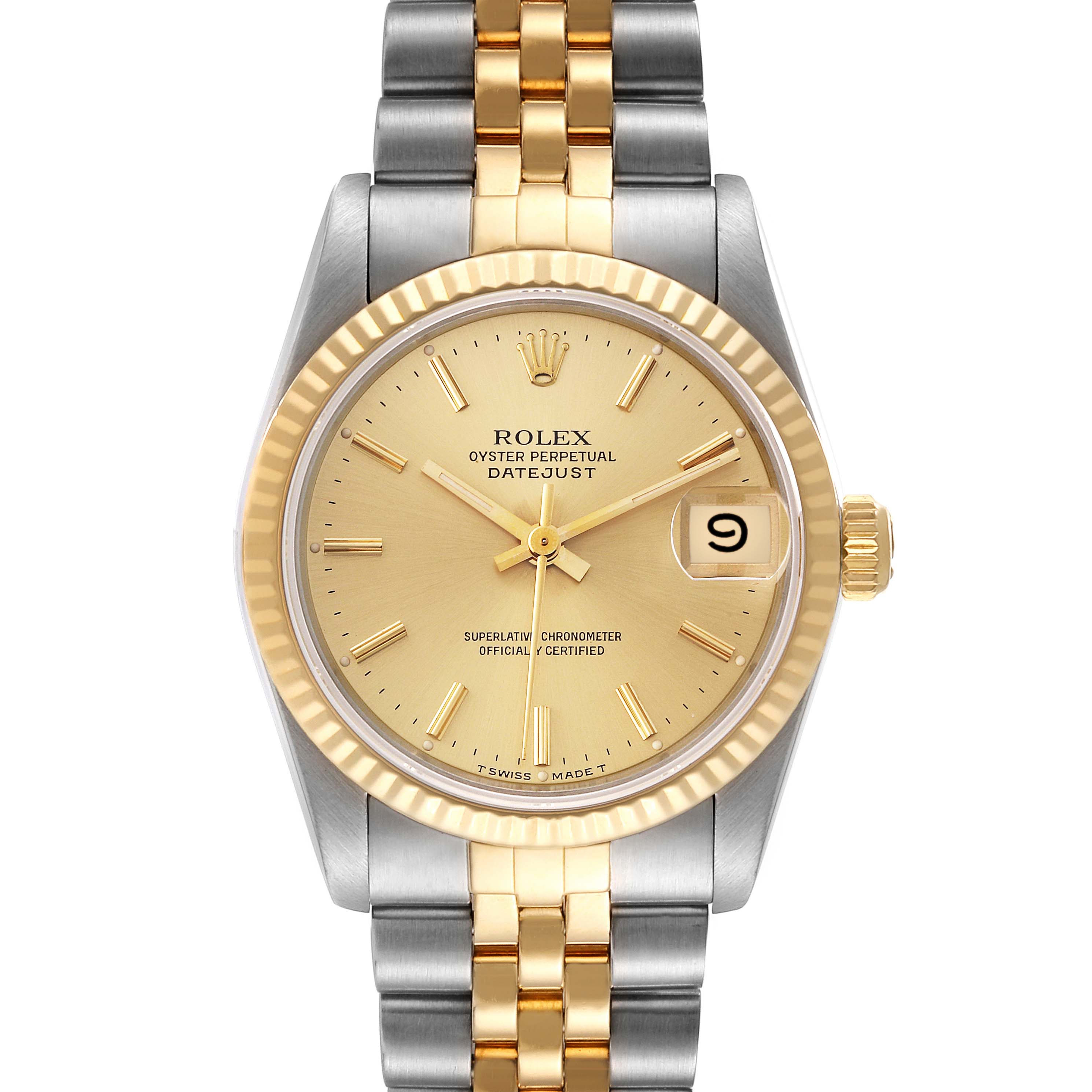 The Rolex Mid-Size 68273 Women's Steel and Gold (two tone) Champagne Dial 68273 Women's Steel and Gold (two tone) Champagne Dial Oyster Perpetual Datejust is shown from a front angle displaying its dial, bezel, crown, and bracelet.