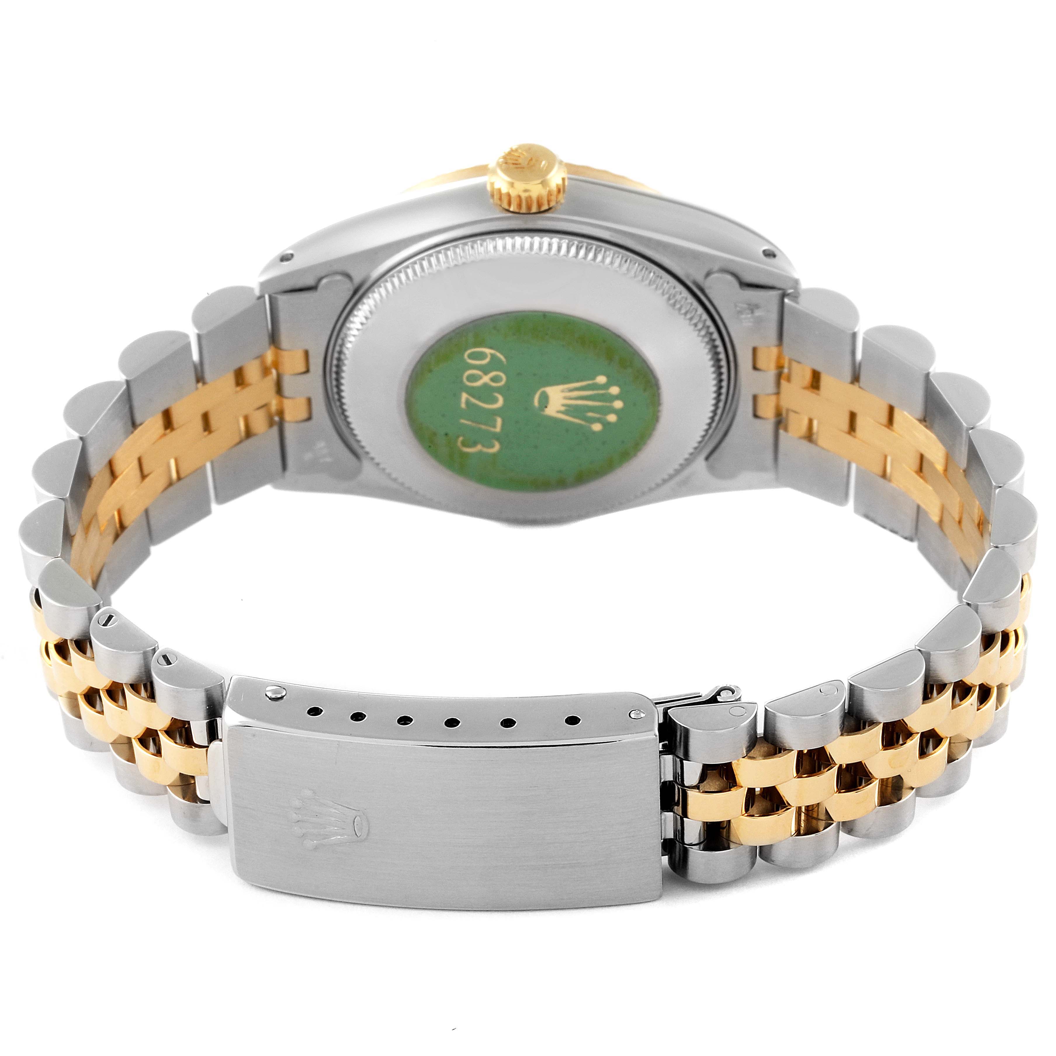 This image of a Rolex Mid-Size 68273 Women's Steel and Gold (two tone) Champagne Dial 68273 Women's Steel and Gold (two tone) Champagne Dial watch shows the backside of the case and the two-tone bracelet and clasp.
