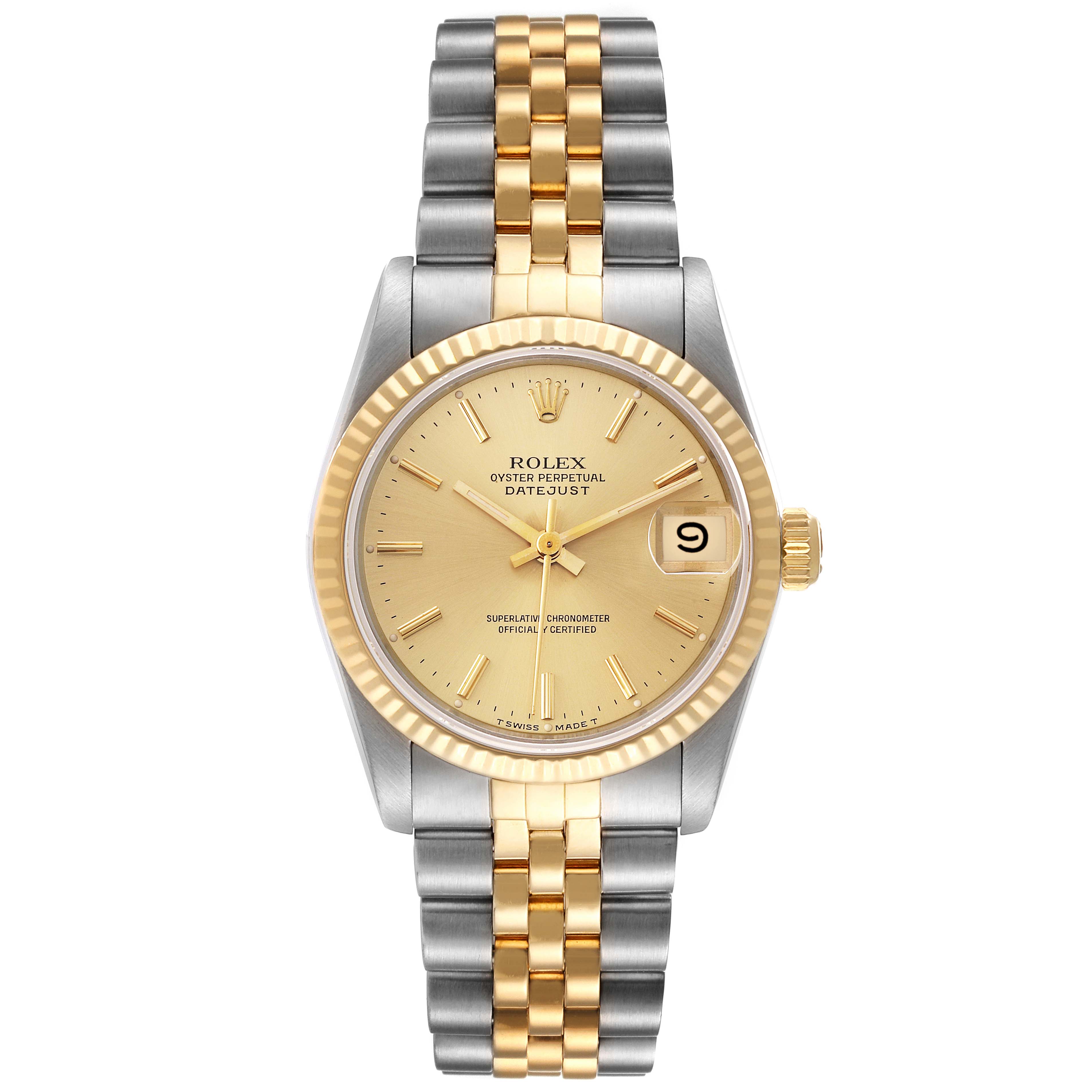 This image shows a front view of a Rolex Mid-Size 68273 Women's Steel and Gold (two tone) Champagne Dial 68273 Women's Steel and Gold (two tone) Champagne Dial Oyster Perpetual Datejust watch, featuring a gold and silver bracelet, gold dial, and date window.