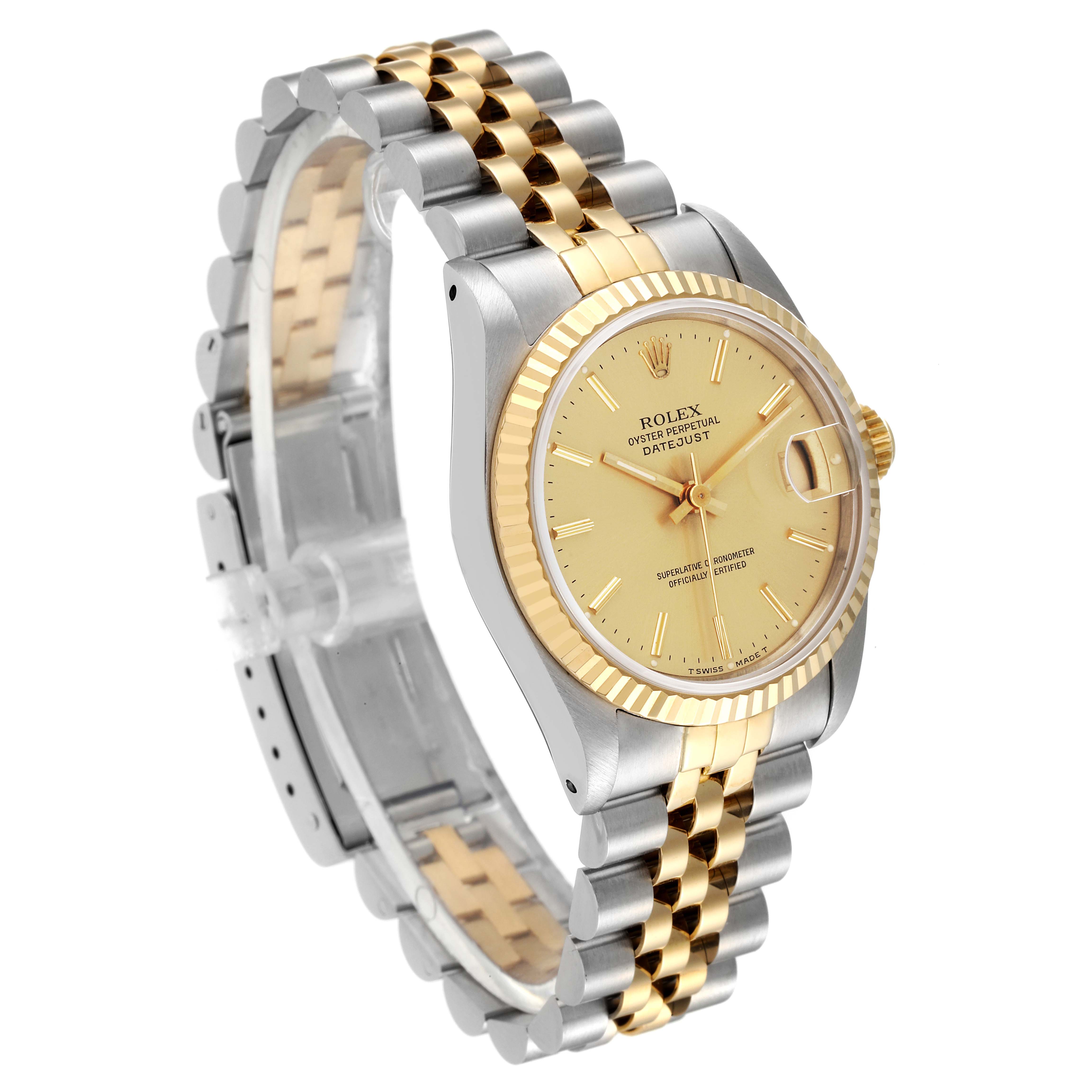 The Rolex Mid-Size 68273 Women's Steel and Gold (two tone) Champagne Dial 68273 Women's Steel and Gold (two tone) Champagne Dial model watch is shown at an angle revealing the dial, bezel, crown, and part of the bracelet.