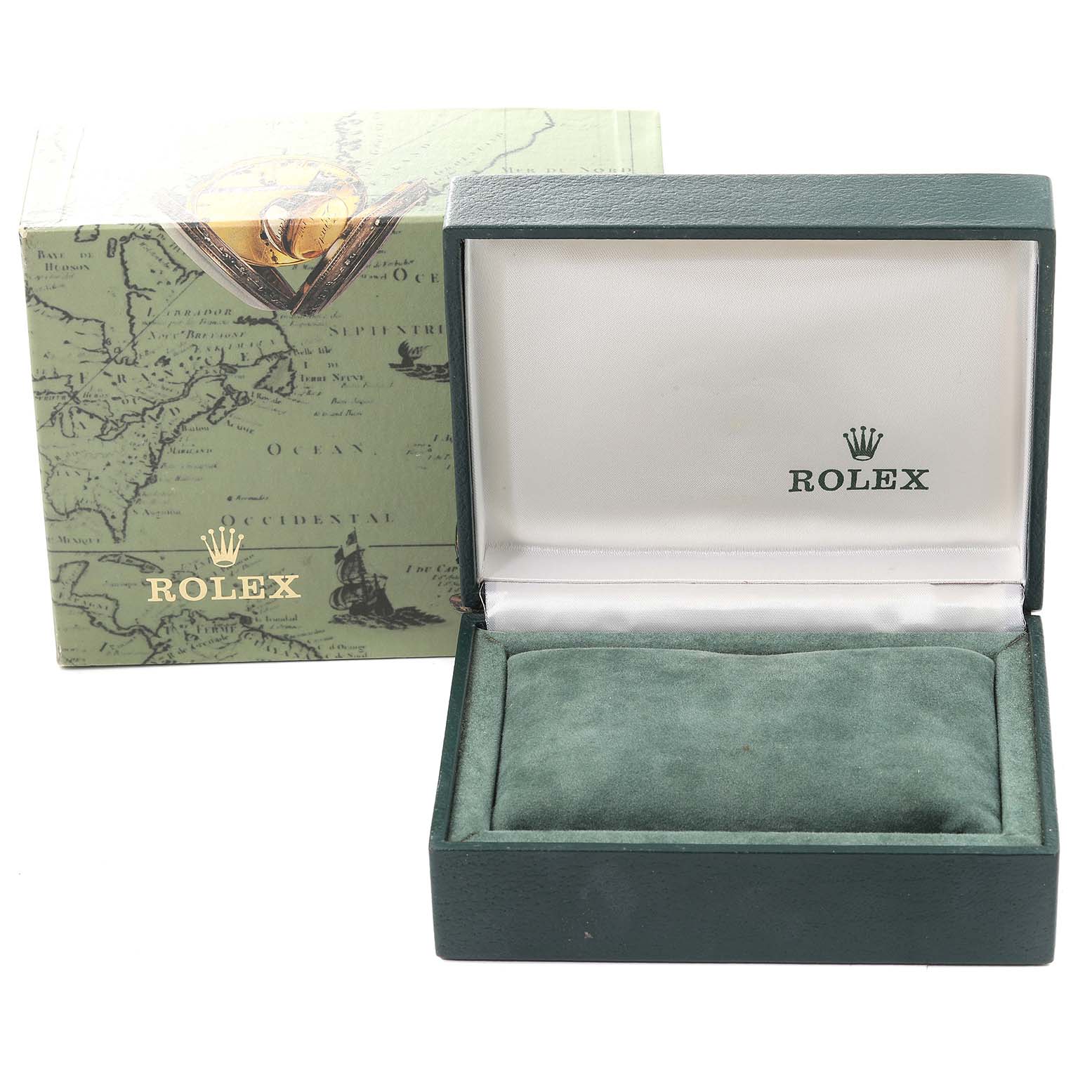 This image shows the open green watch box of a Mid-Size Rolex, with the outer box in the background.