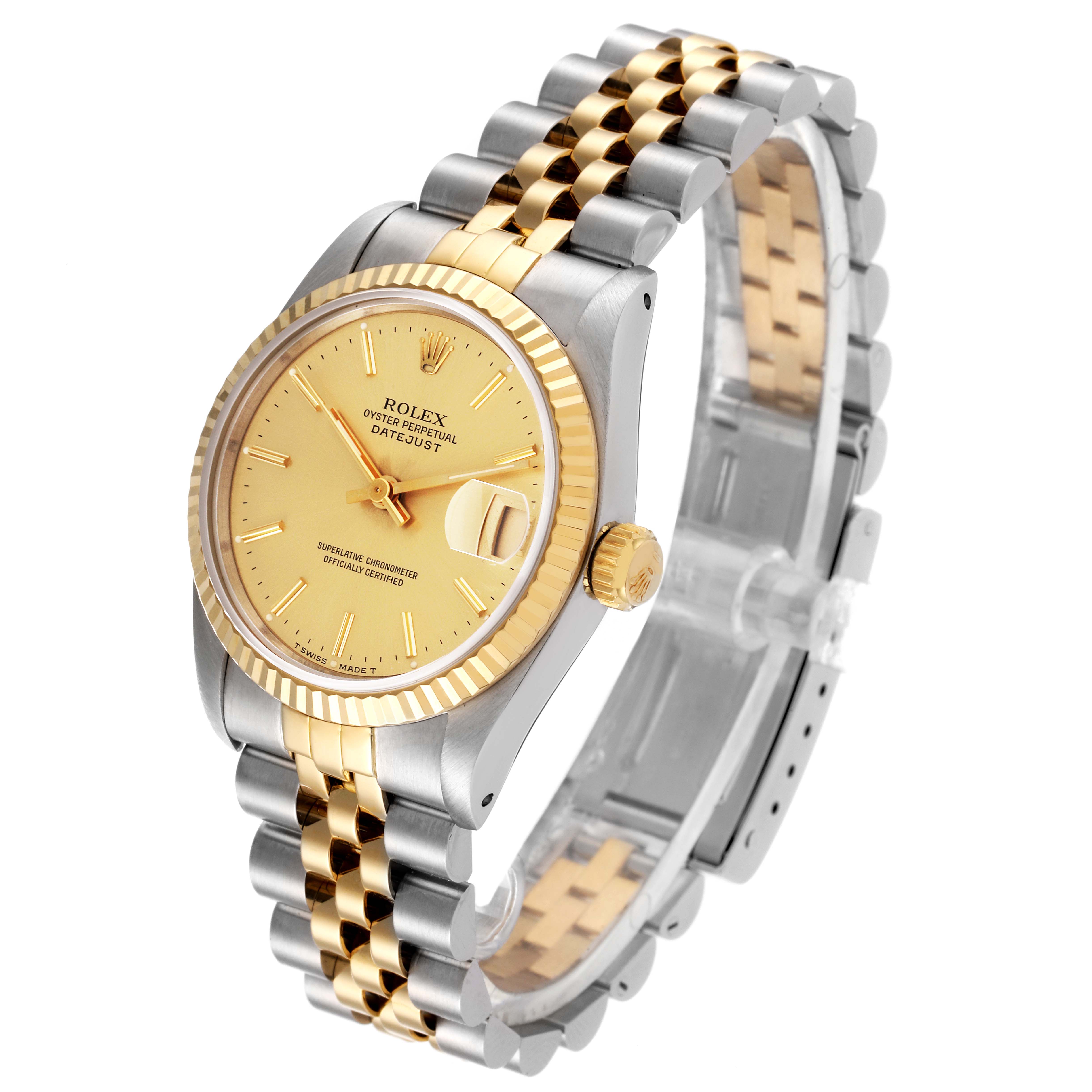 The image shows a Rolex Mid-Size 68273 Women's Steel and Gold (two tone) Champagne Dial 68273 Women's Steel and Gold (two tone) Champagne Dial Datejust watch at a three-quarter angle, highlighting its dial, fluted bezel, and two-tone bracelet.