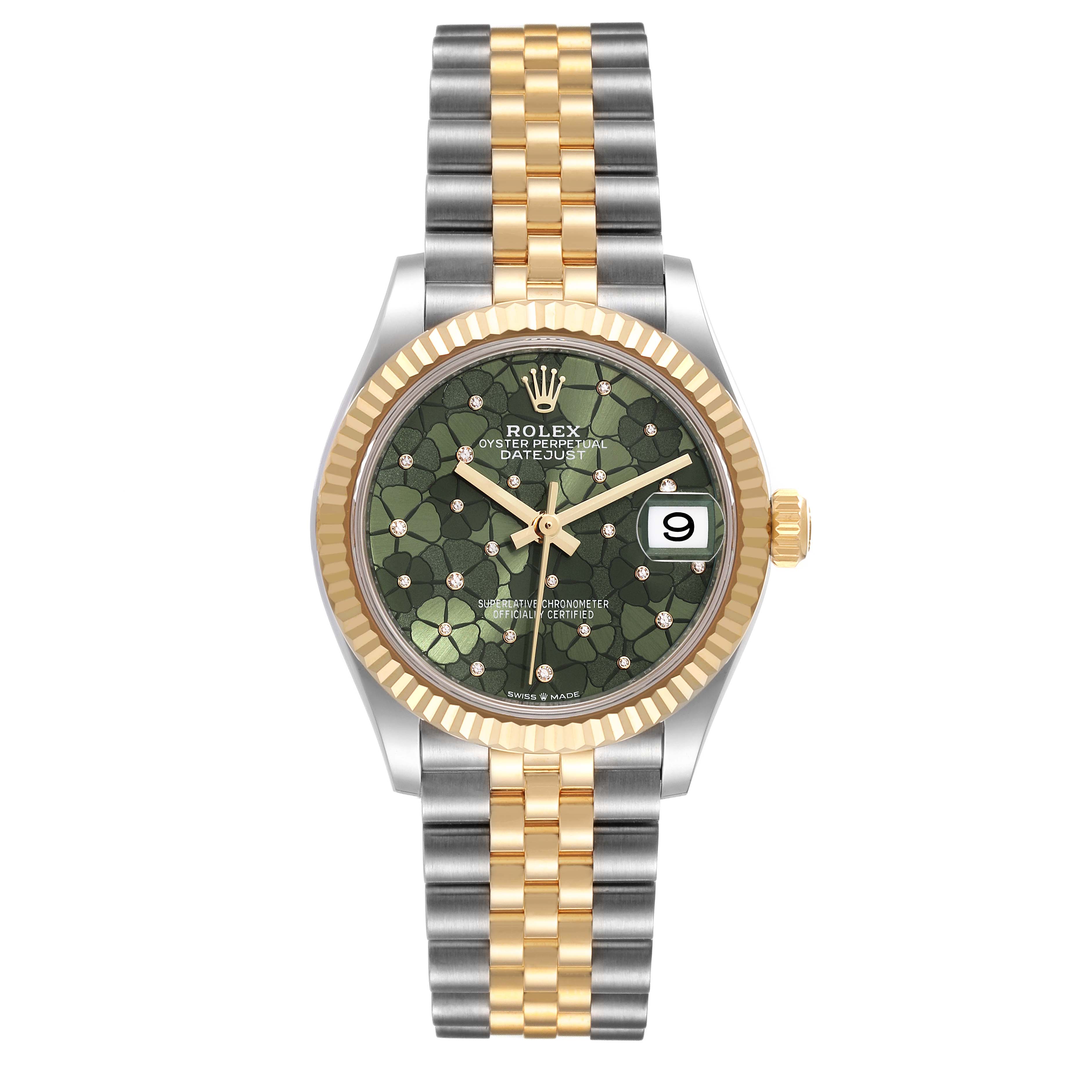 This Rolex Mid-Size 278273C Women
s Steel and Gold (two tone) Green Dial 278273C Women
s Steel and Gold (two tone) Green Dial watch is shown from a top-down view, displaying the face, bezel, and band.