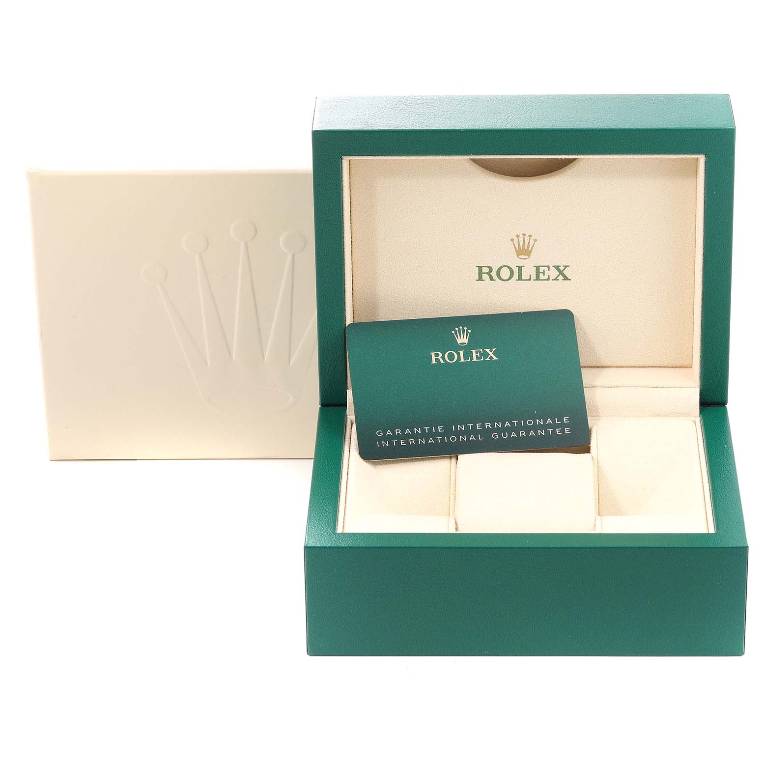 The image shows a Rolex watch box and international guarantee card for a Mid-Size model, with the lid open.