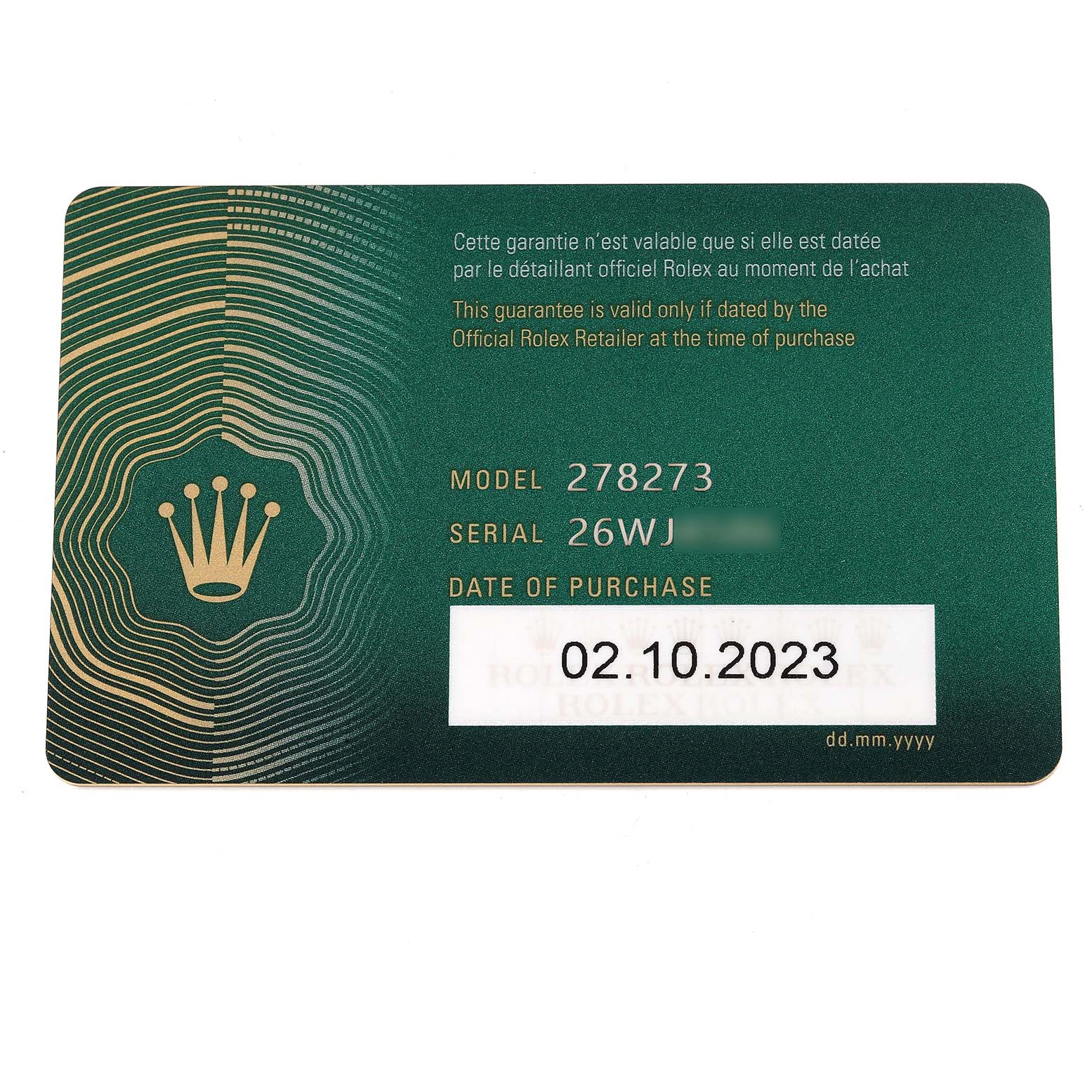 This image shows a Rolex warranty card for the Mid-Size model 278273 with the date of purchase on 02.10.2023.
