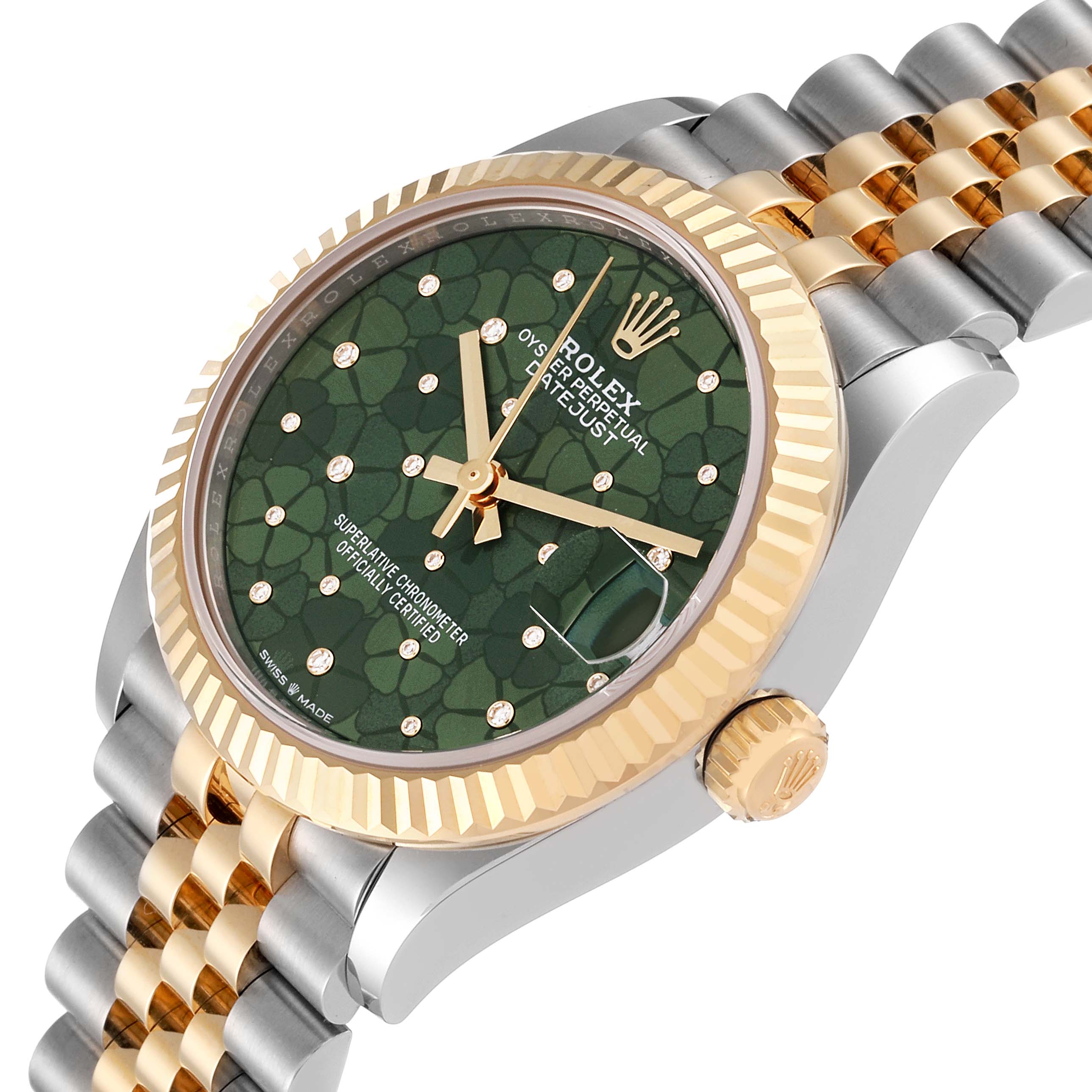 The image shows a Rolex Mid-Size 278273C Women
s Steel and Gold (two tone) Green Dial 278273C Women
s Steel and Gold (two tone) Green Dial watch from an angled top view, highlighting the green dial, fluted bezel, and two-tone jubilee bracelet.