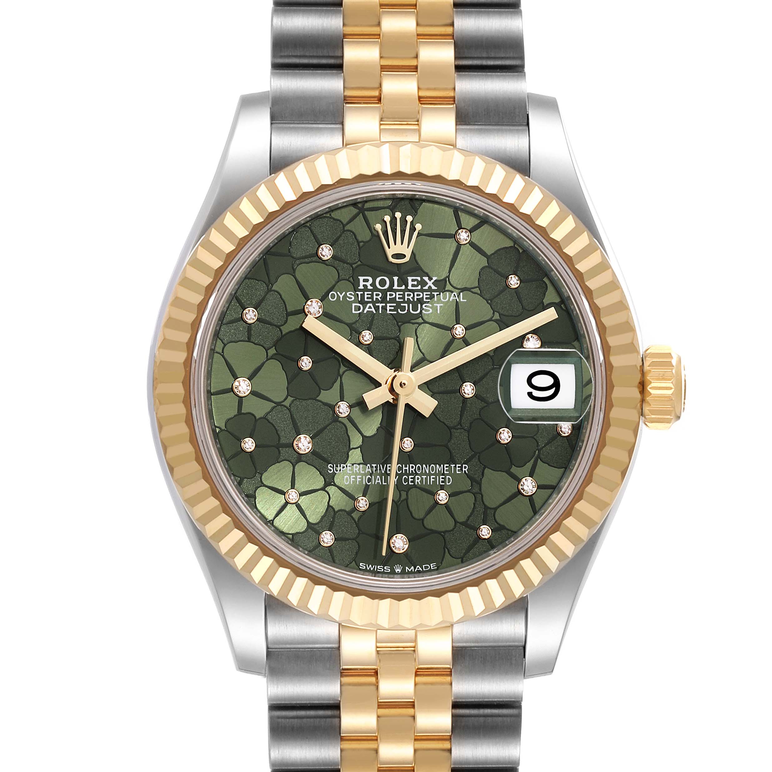 The image shows the Rolex Oyster Perpetual Datejust Mid-Size watch from a front angle, highlighting the dial, bezel, and bracelet.