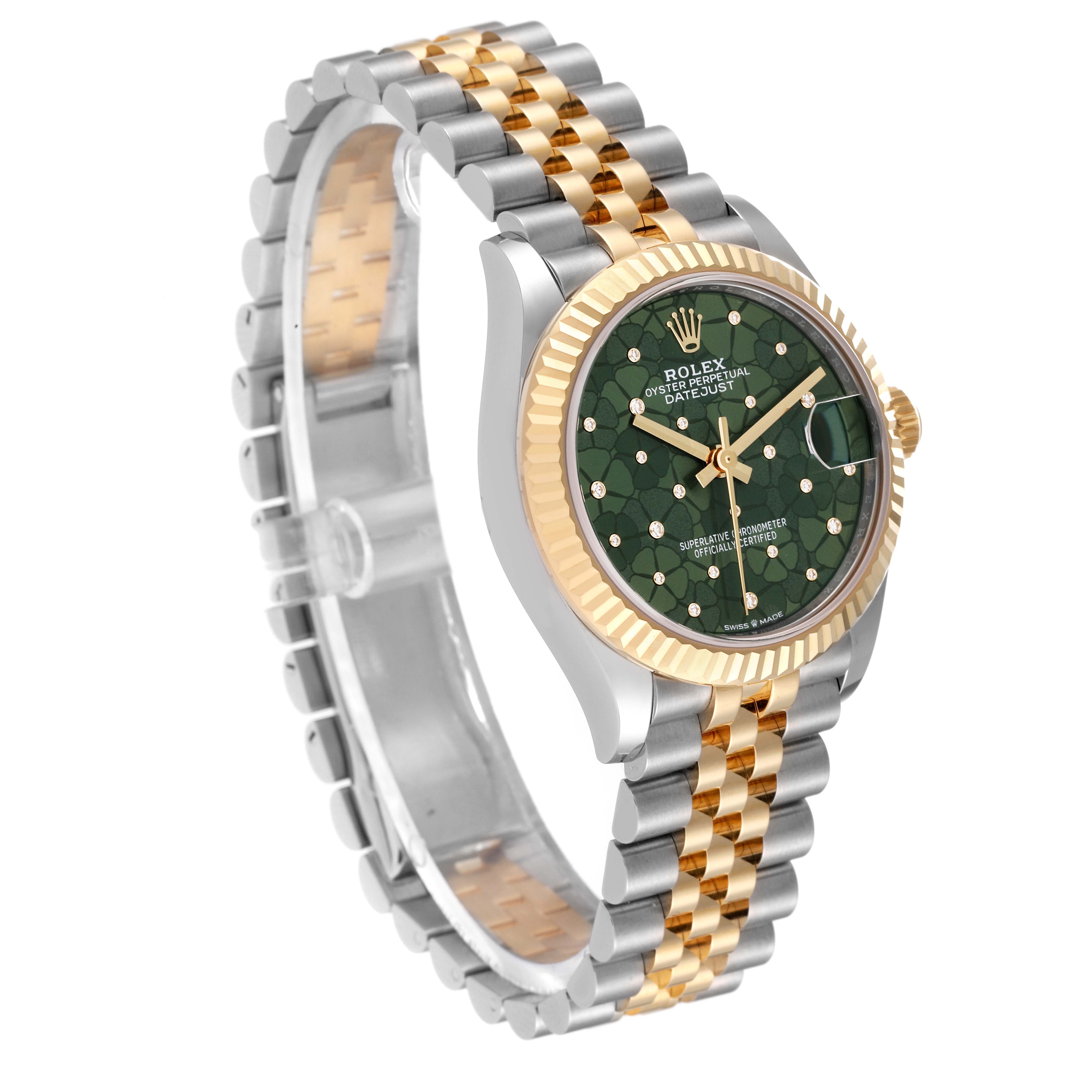 This image shows a mid-size Rolex Oyster Perpetual Datejust watch at an angled perspective, highlighting the face, bezel, and bracelet.